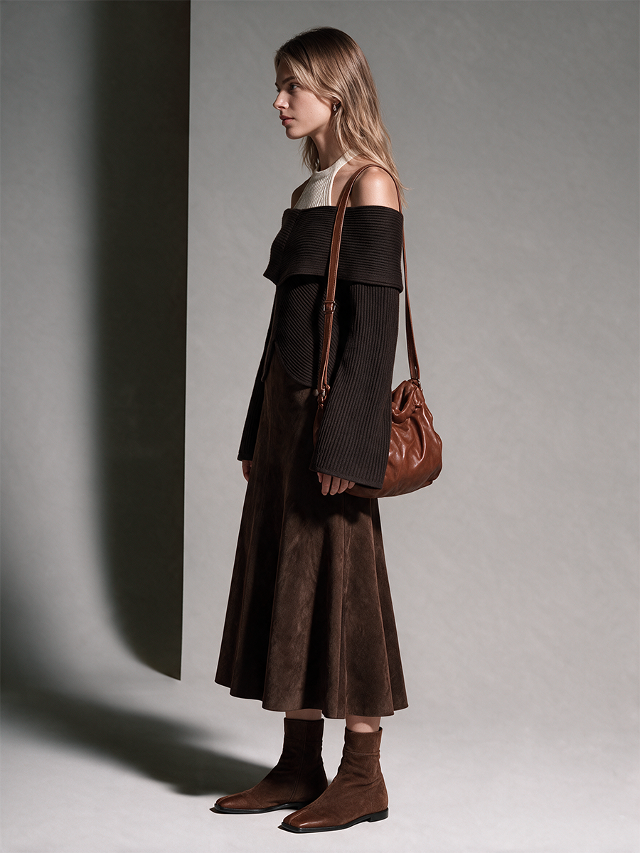 Women's Dark Coffee Wool Knit Faux Two-Piece Off-Shoulder Long Sleeve Top