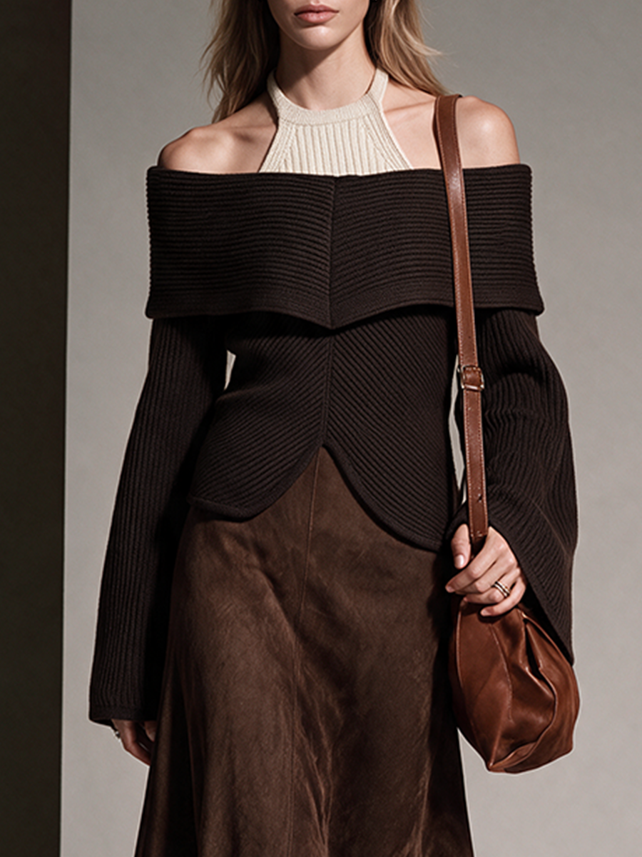 Women's Dark Coffee Wool Knit Faux Two-Piece Off-Shoulder Long Sleeve Top