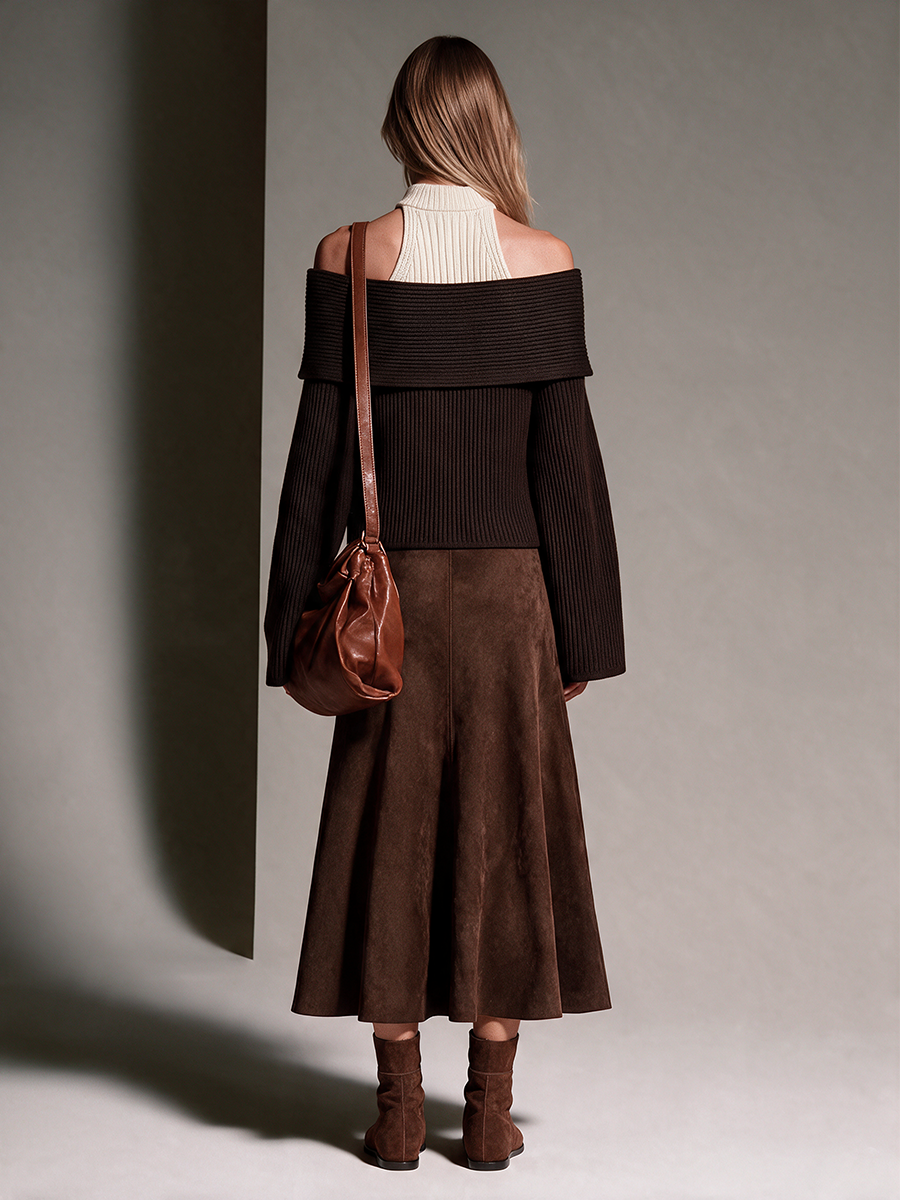 Women's Dark Coffee Faux Suede A-Line Midi Skirt