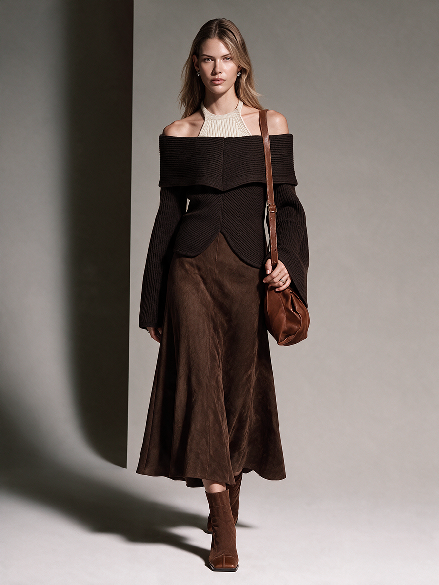 Women's Dark Coffee Faux Suede A-Line Midi Skirt