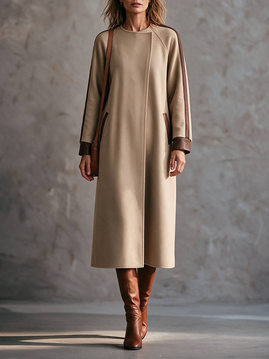 Women's Camel Leather Trim Crew Neck Raglan Sleeve Midi Coat