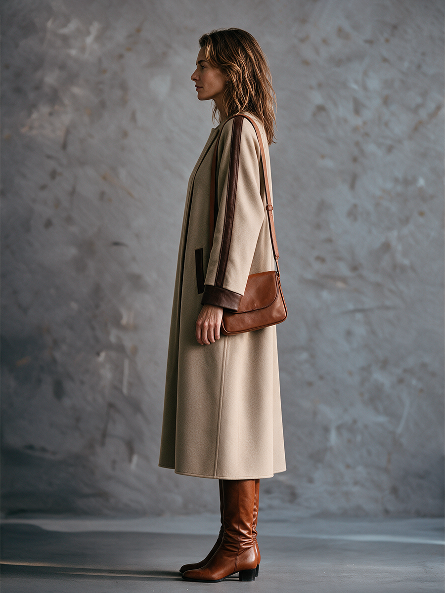 Women's Camel Leather Trim Crew Neck Raglan Sleeve Midi Coat