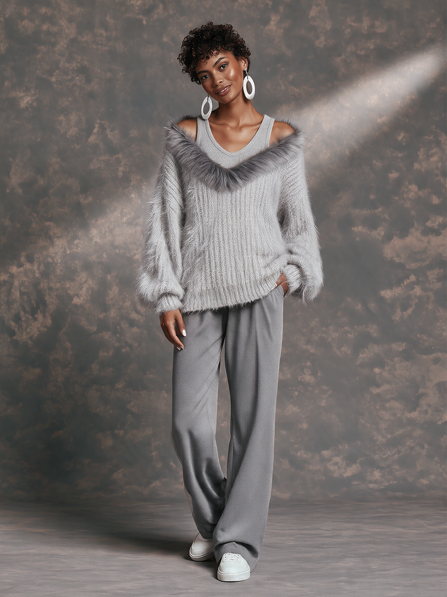 Women's Grey Artificial Fur Trim V-Neck Off-Shoulder Faux Two-Piece Wool Knit Top