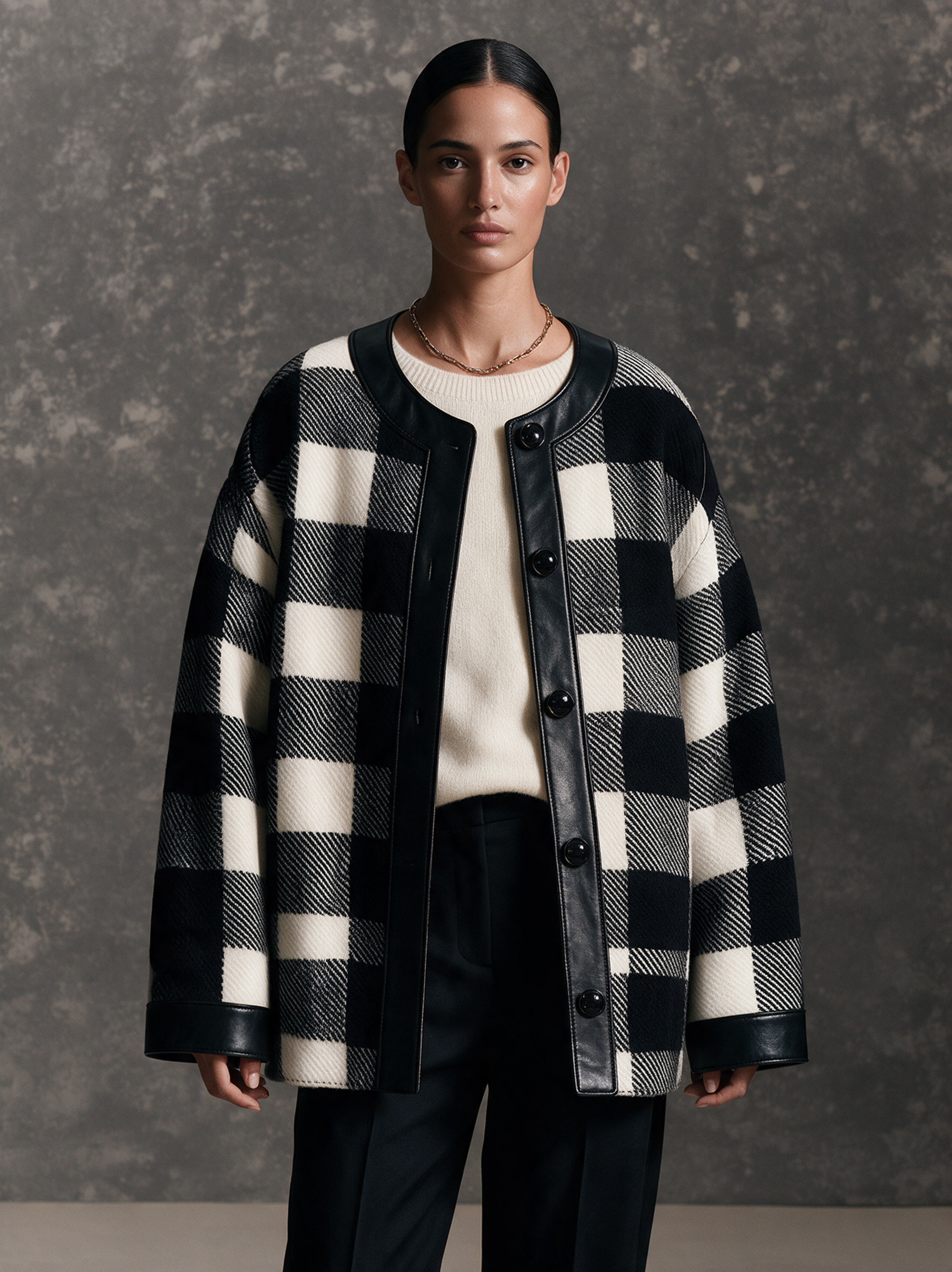Women’s Vintage-Style Leather-Paneled Plaid Jacket