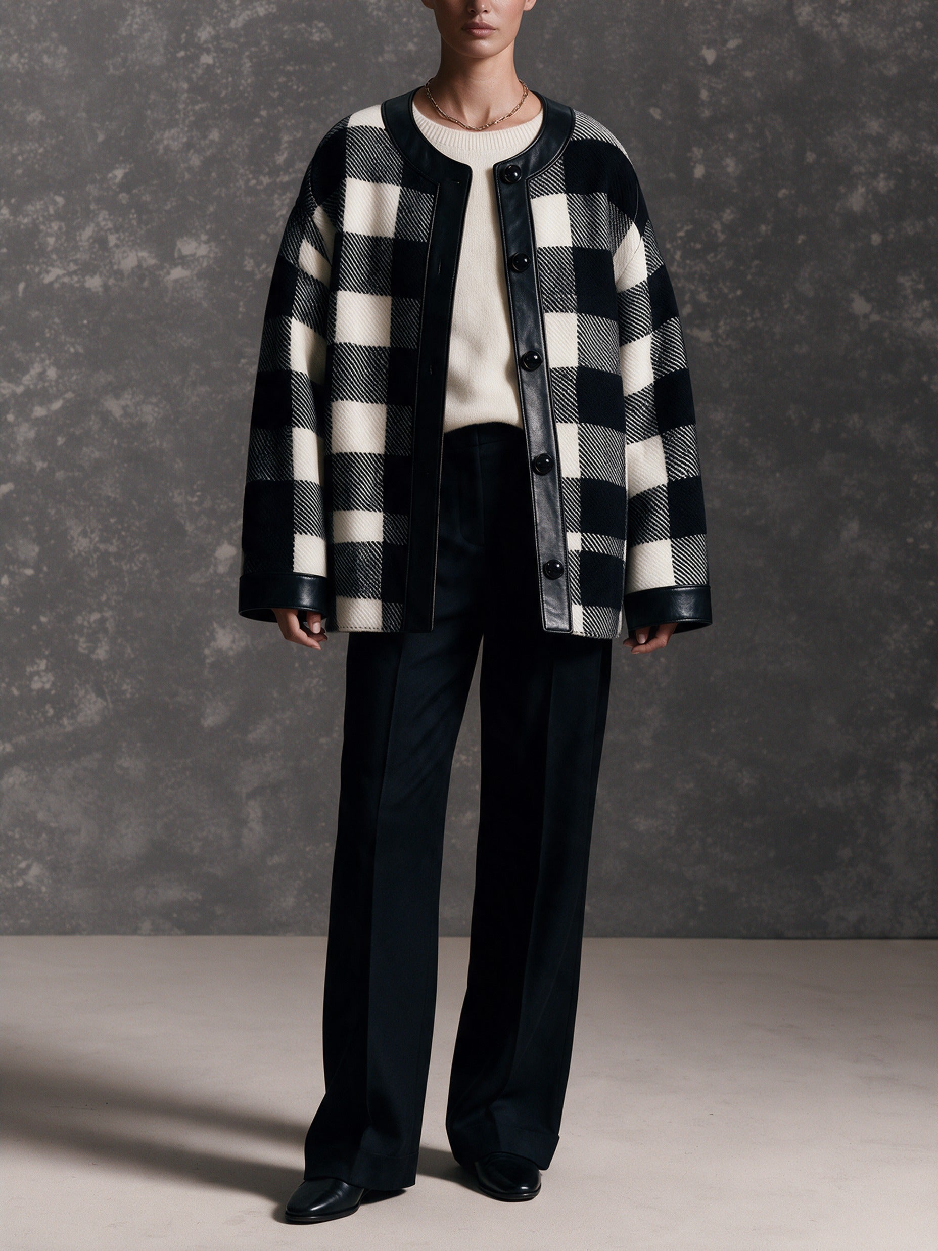 Women’s Vintage-Style Leather-Paneled Plaid Jacket