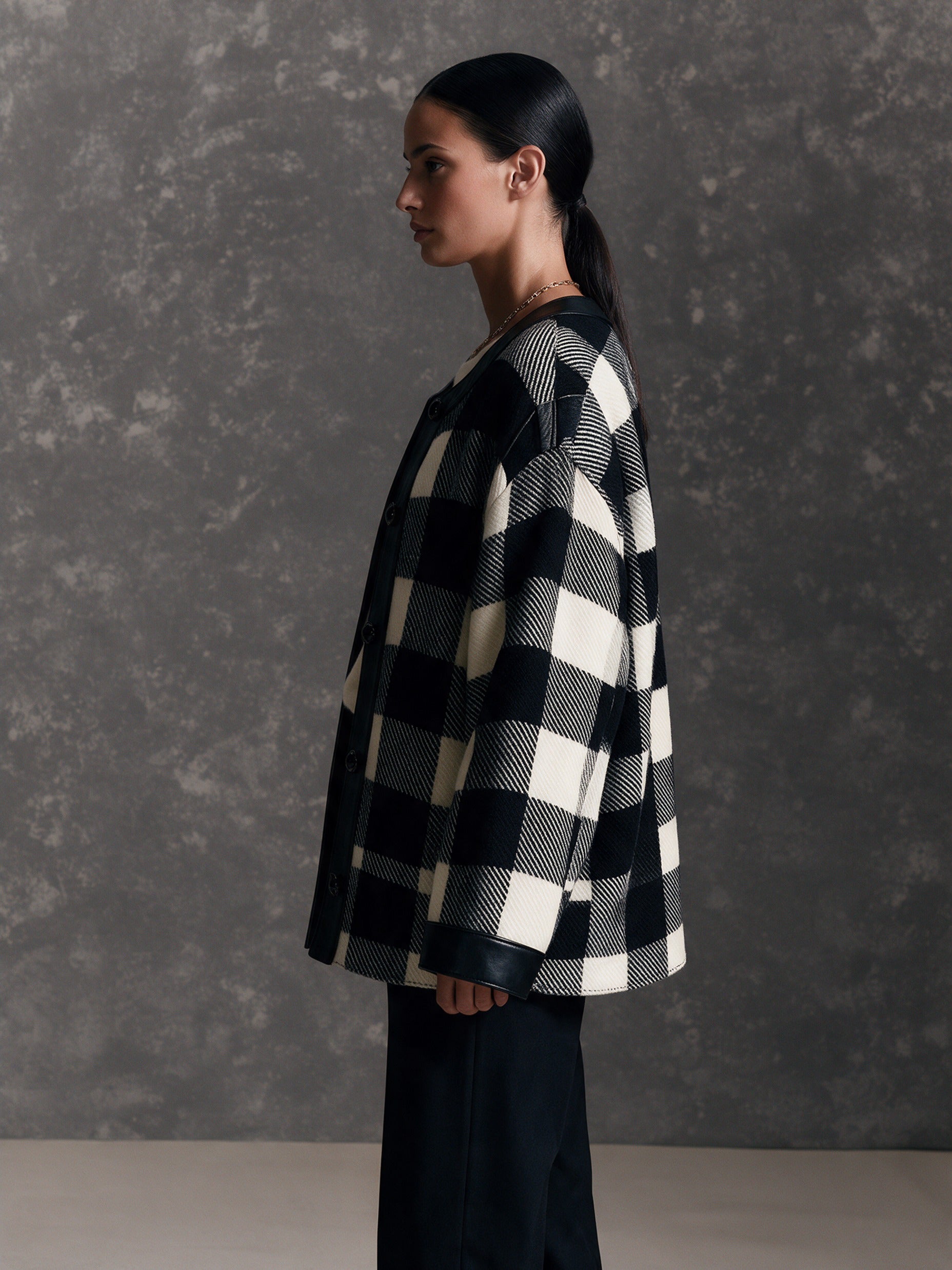 Women’s Vintage-Style Leather-Paneled Plaid Jacket