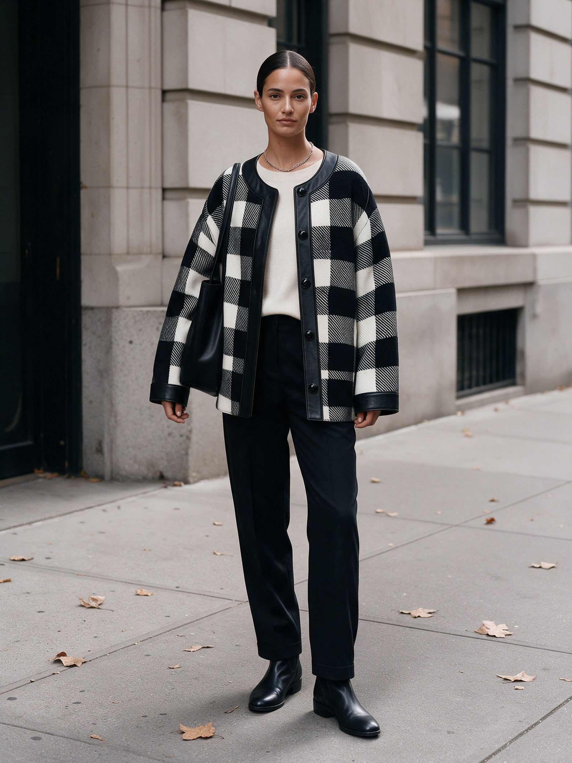 Women’s Vintage-Style Leather-Paneled Plaid Jacket
