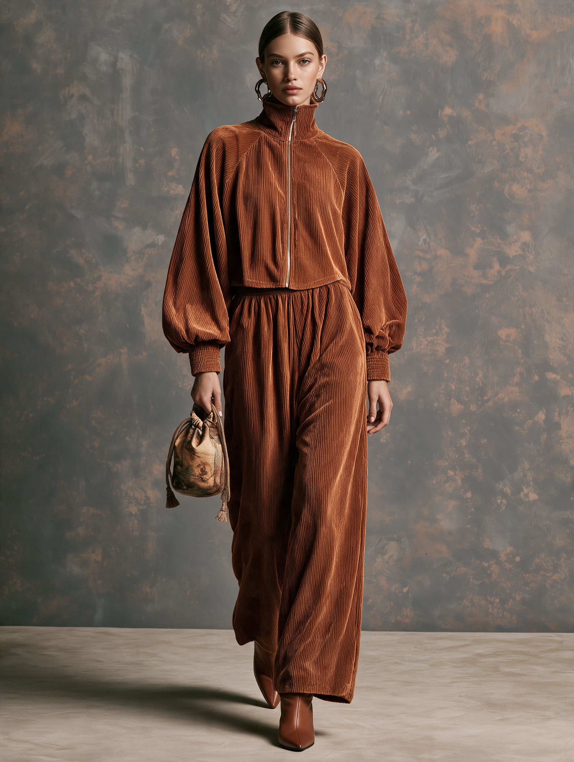 Women's Caramel Brown Corduroy Stand Collar Zip Raglan Sleeve Cropped Jacket
