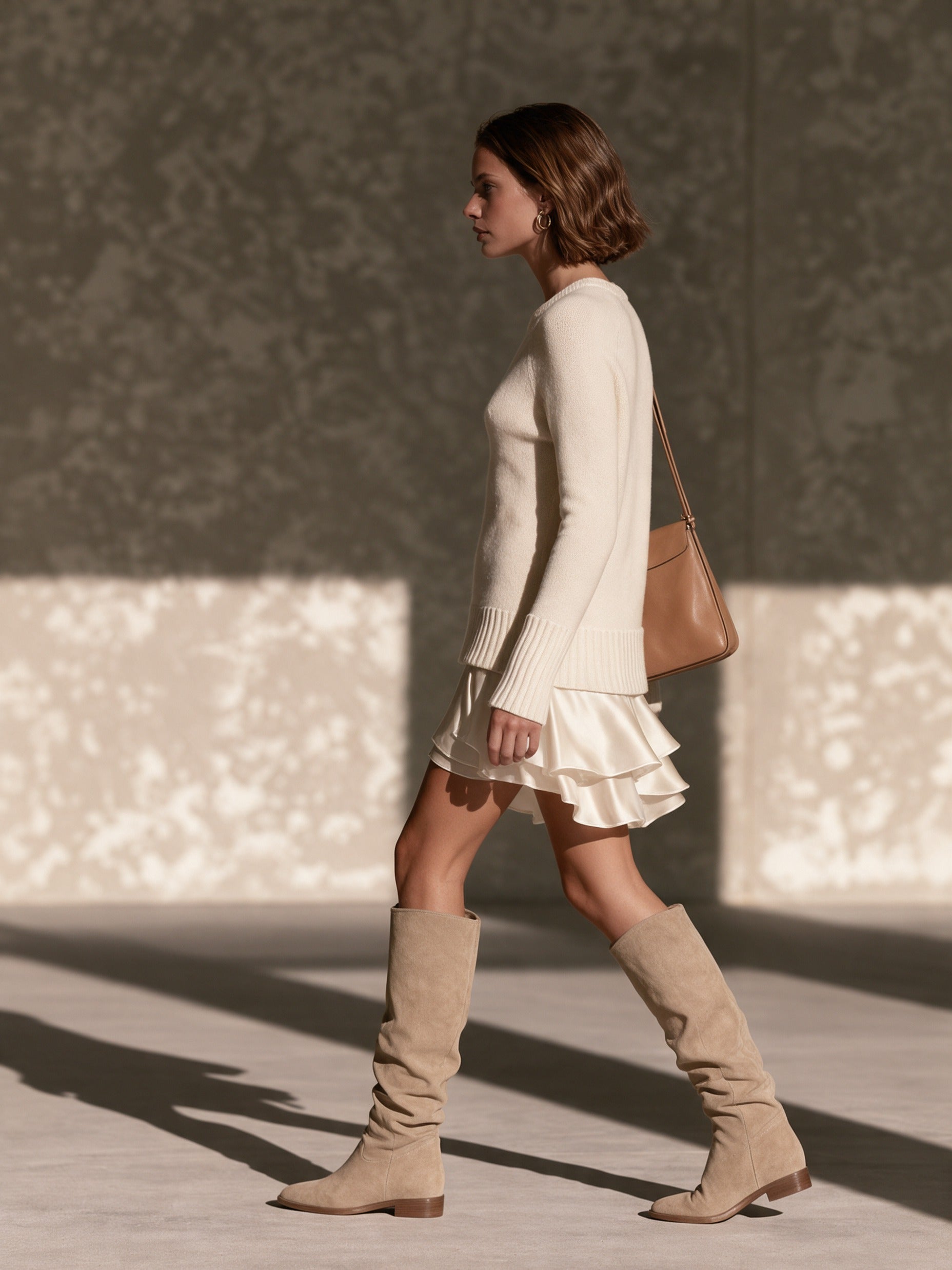 Women's Cream Knit Ruffle Hem Dress