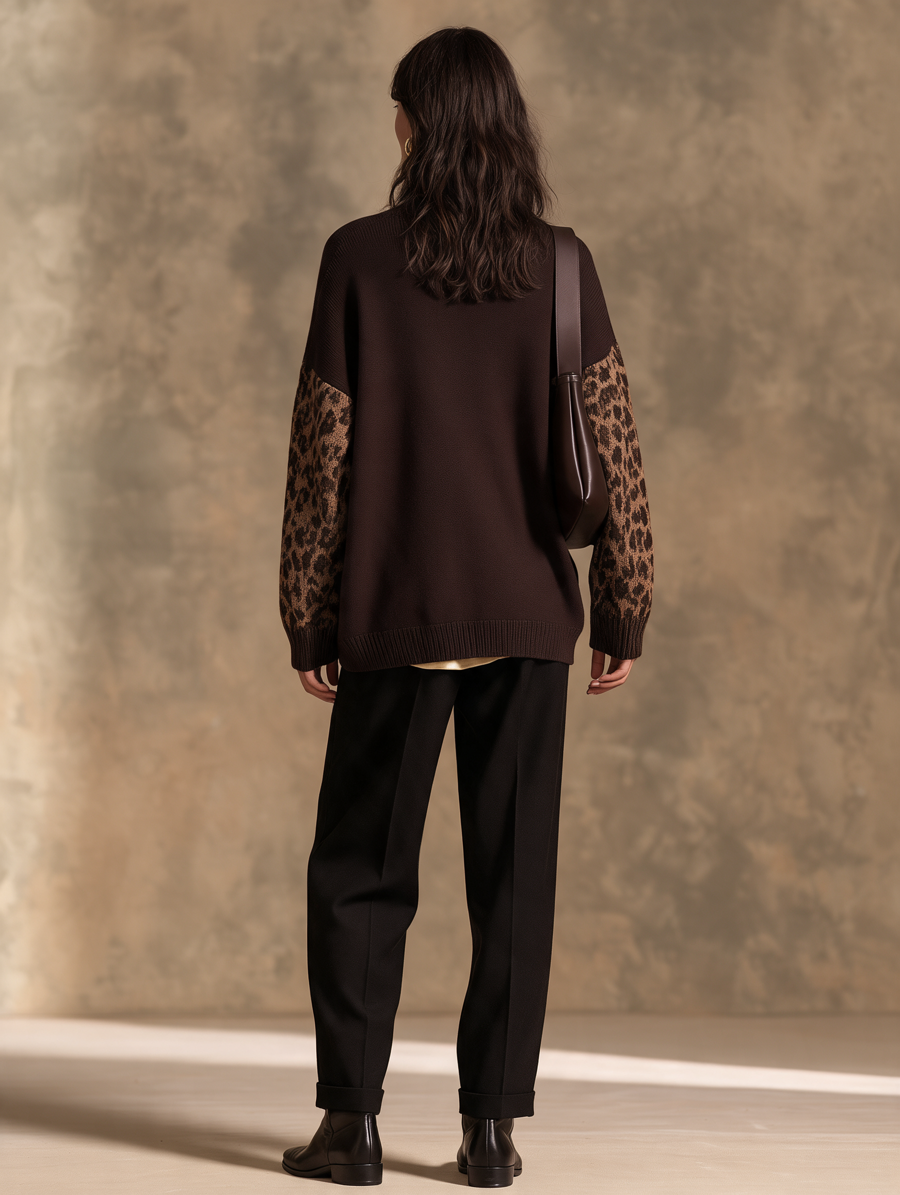 Women's Dark Coffee Leopard Panel V-Neck Drop-Shoulder Wool Knit Long Cardigan