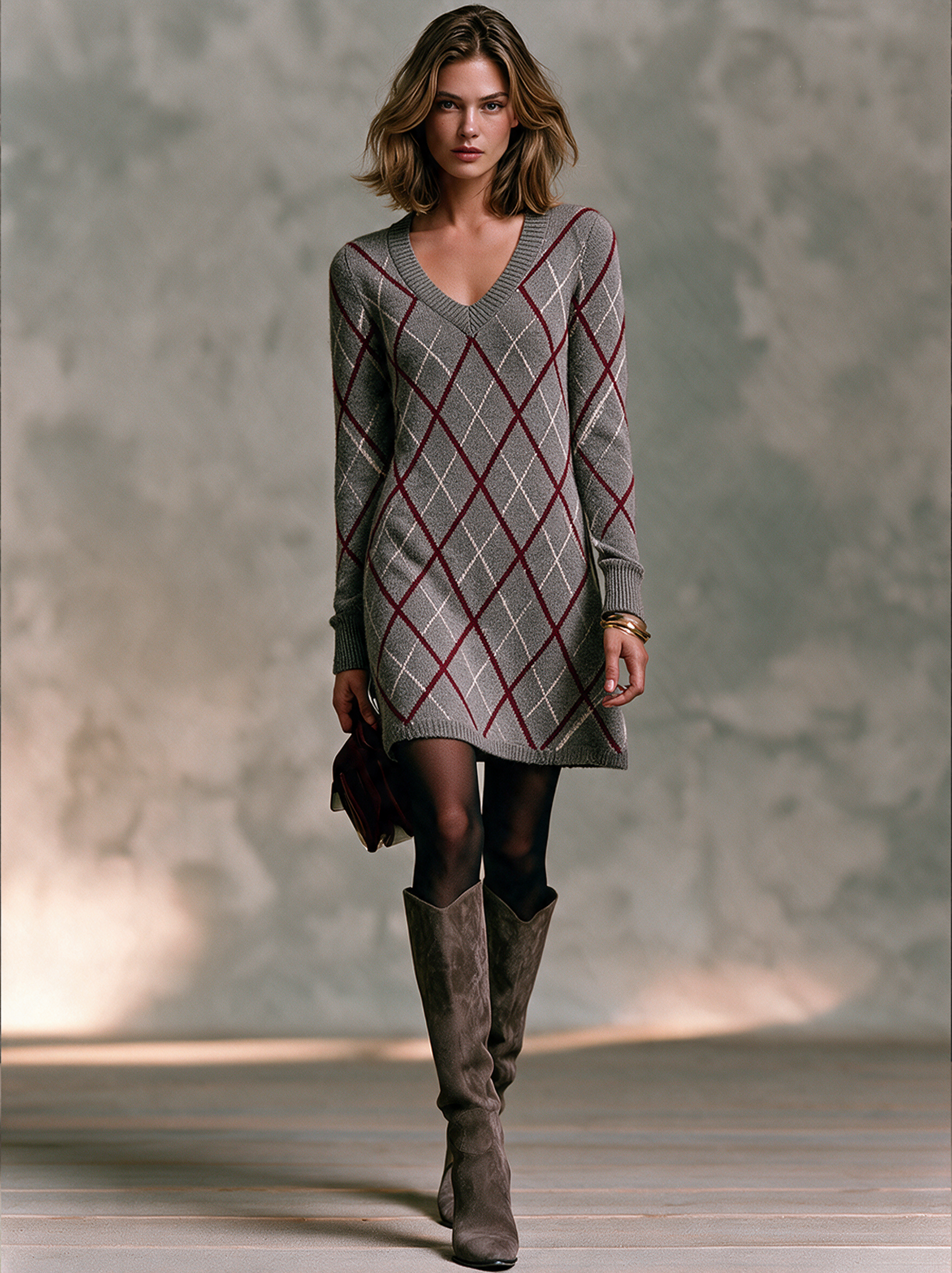Women’s Classic Vintage Argyle-Patterned Knitted Mini Dress