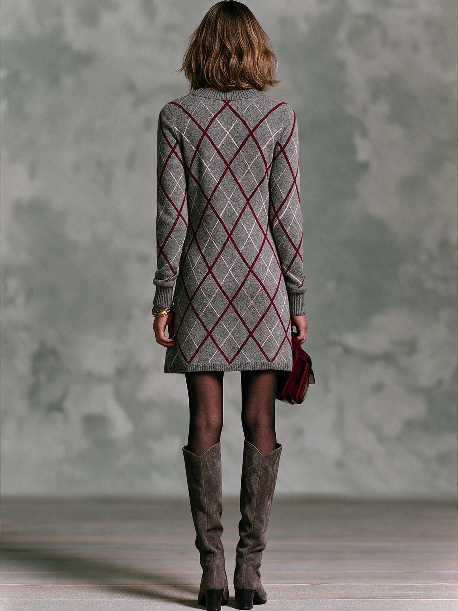 Women’s Classic Vintage Argyle-Patterned Knitted Mini Dress