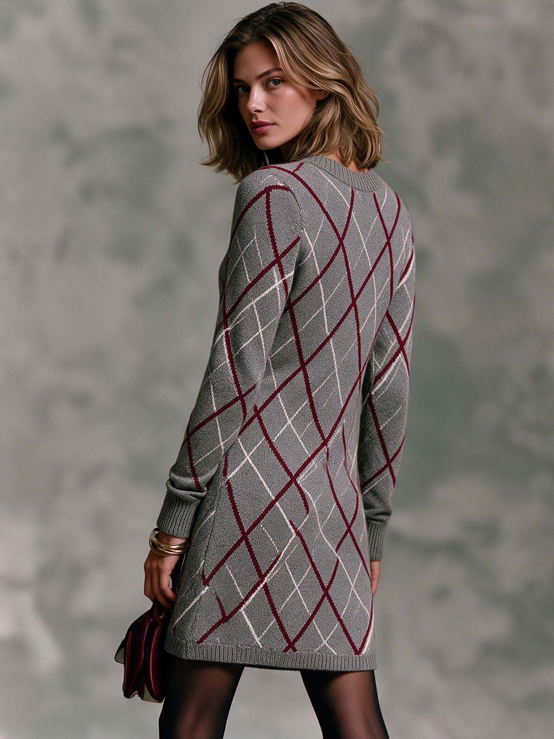 Women’s Classic Vintage Argyle-Patterned Knitted Mini Dress