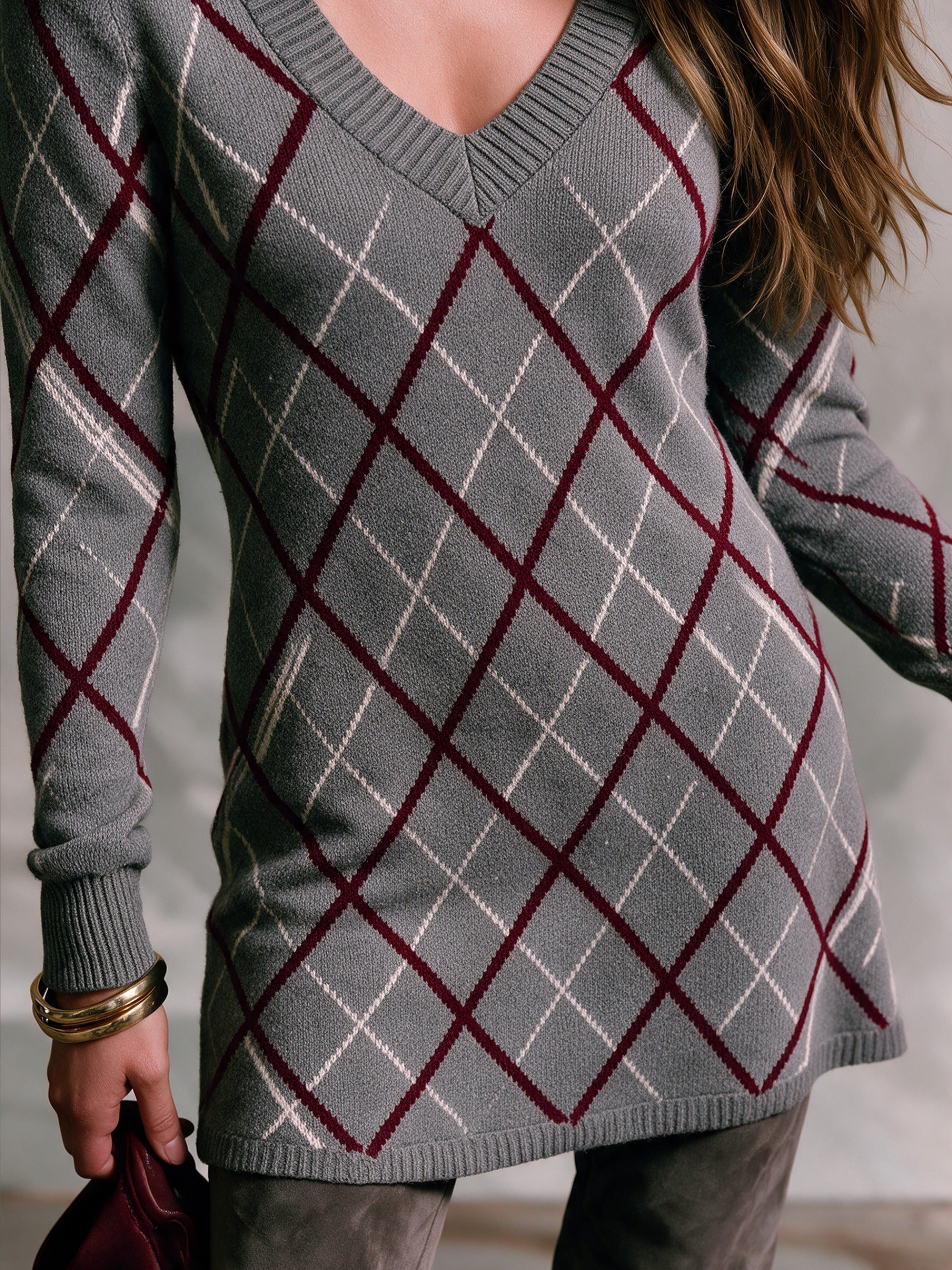 Women’s Classic Vintage Argyle-Patterned Knitted Mini Dress