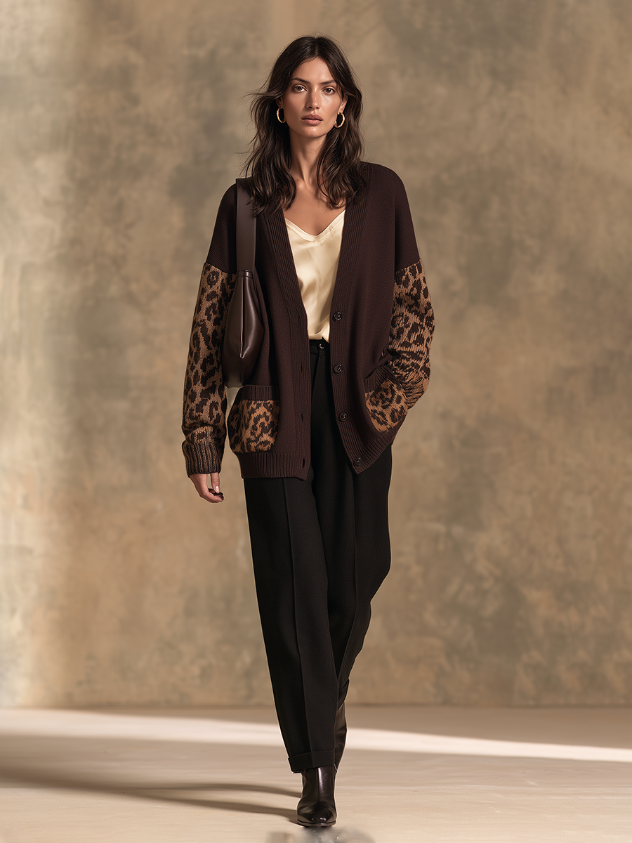 Women's Dark Coffee Leopard Panel V-Neck Drop-Shoulder Wool Knit Long Cardigan