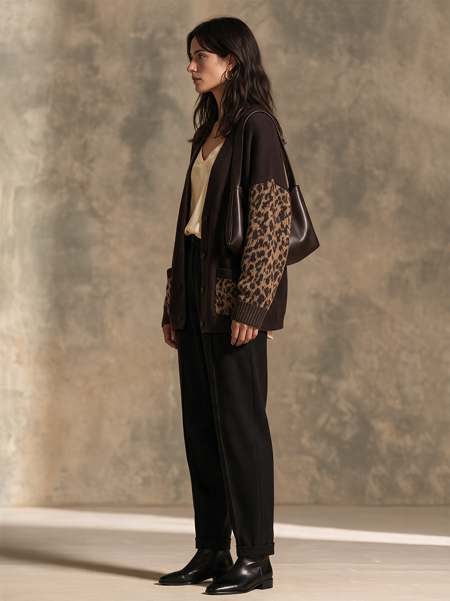Women's Dark Coffee Leopard Panel V-Neck Drop-Shoulder Wool Knit Long Cardigan