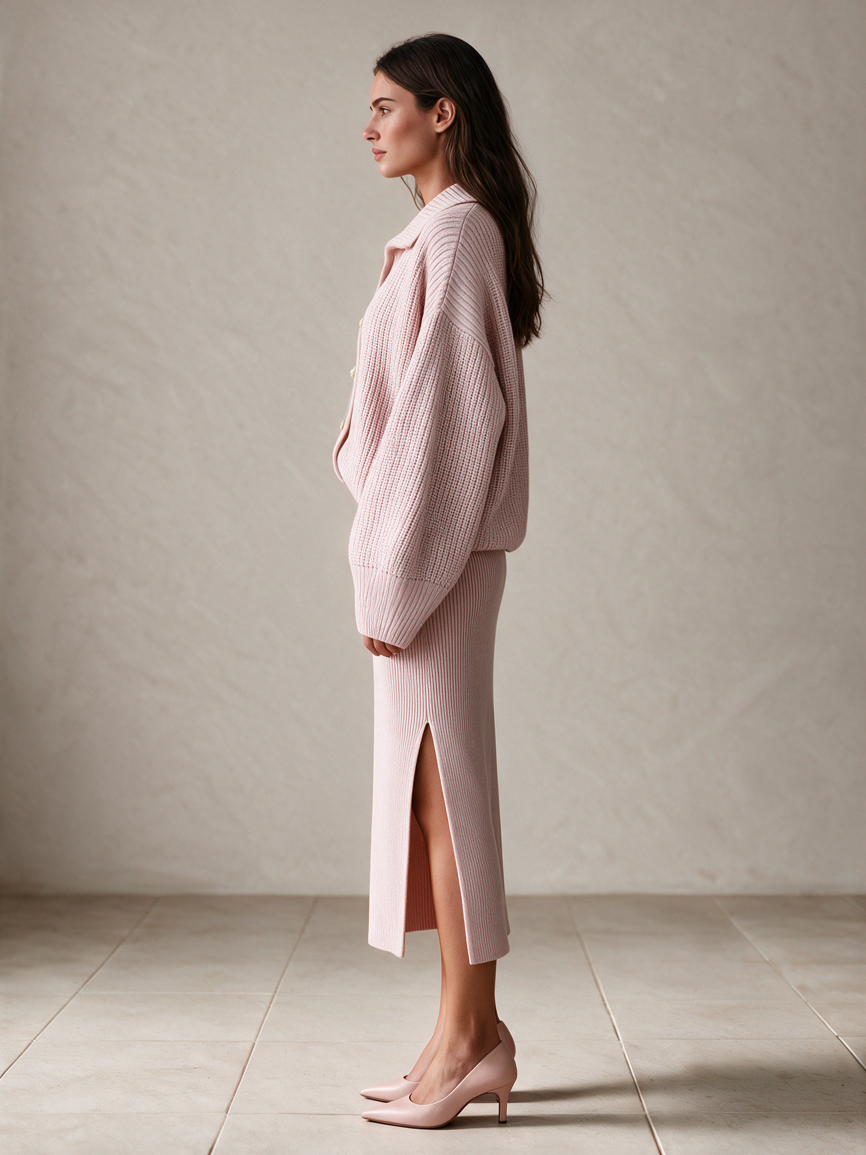 Women's Ribbed Knit Midi Pencil Skirt With Side Slit