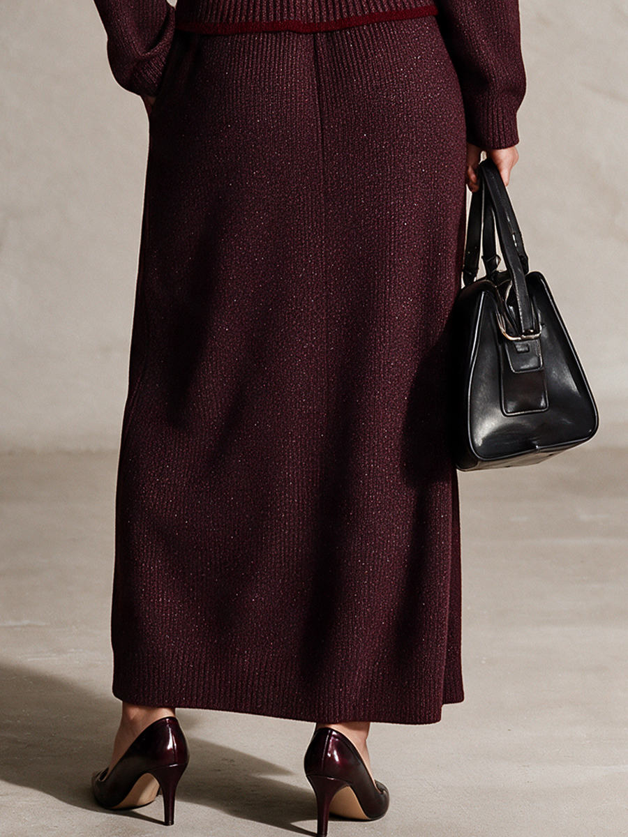 Women's Drawstring Waist Sparkle Rib Knit Midi Skirt