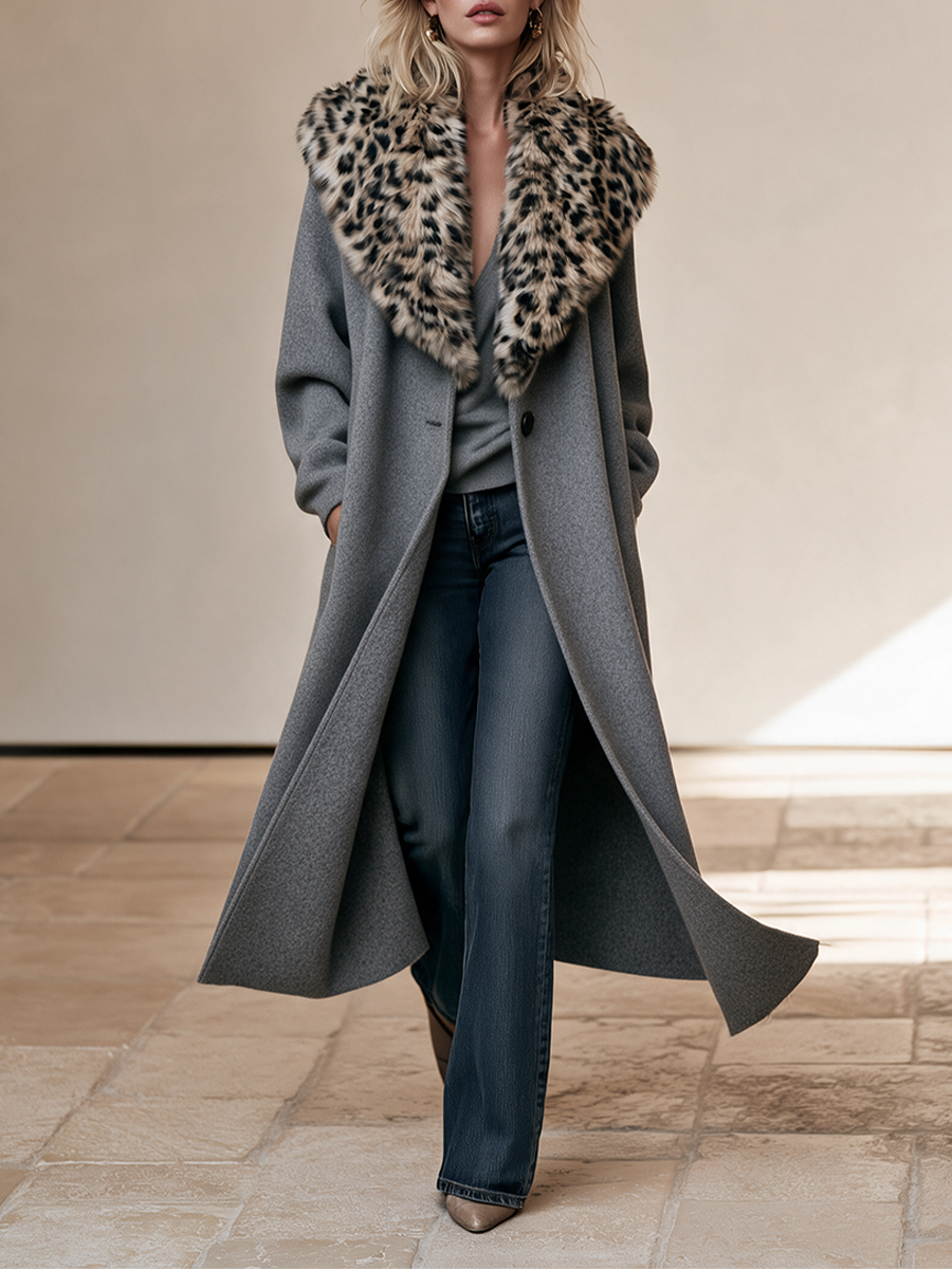 Women's Gray Leopard Collar Long Coat