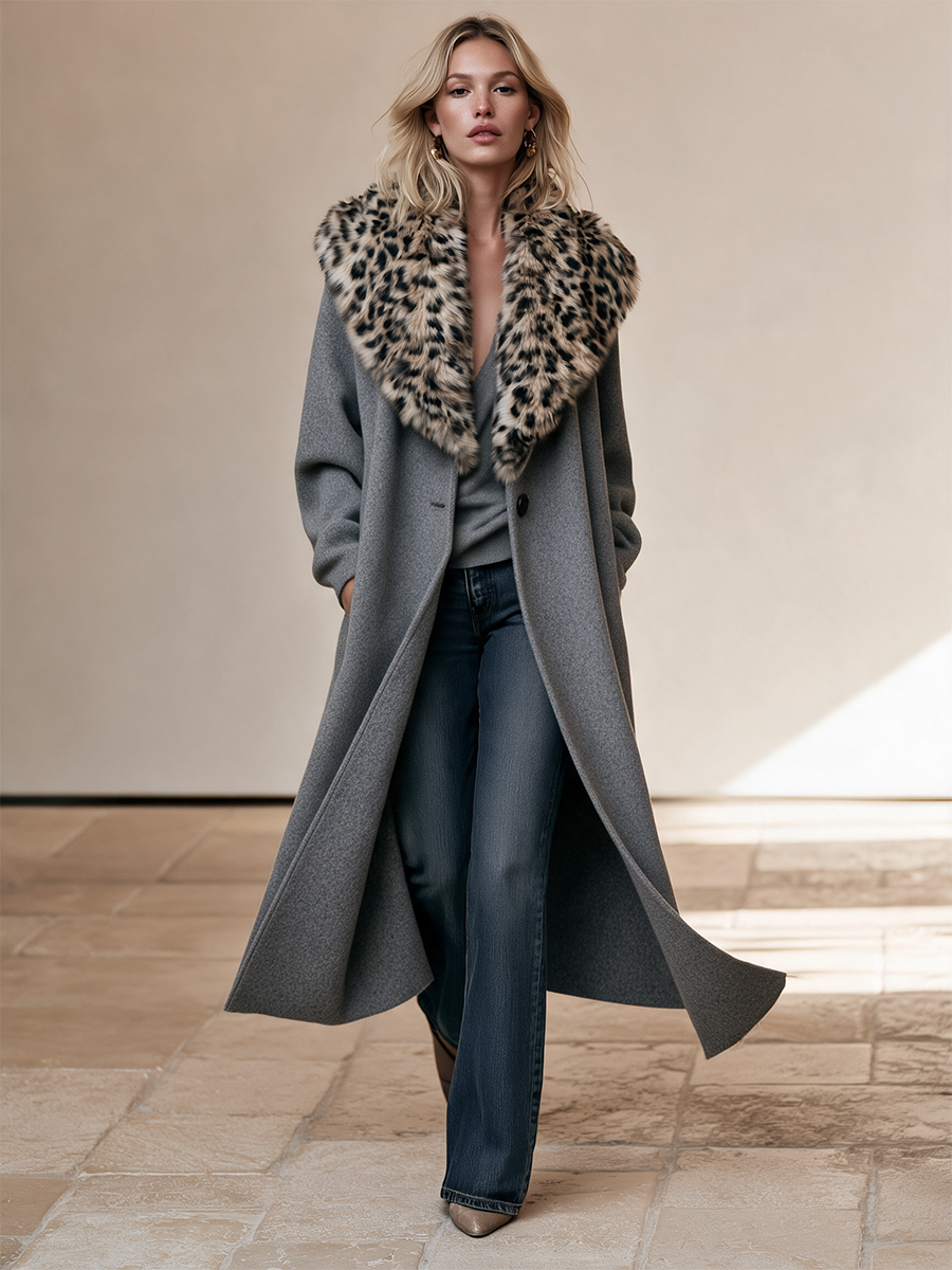 Women's Gray Leopard Collar Long Coat