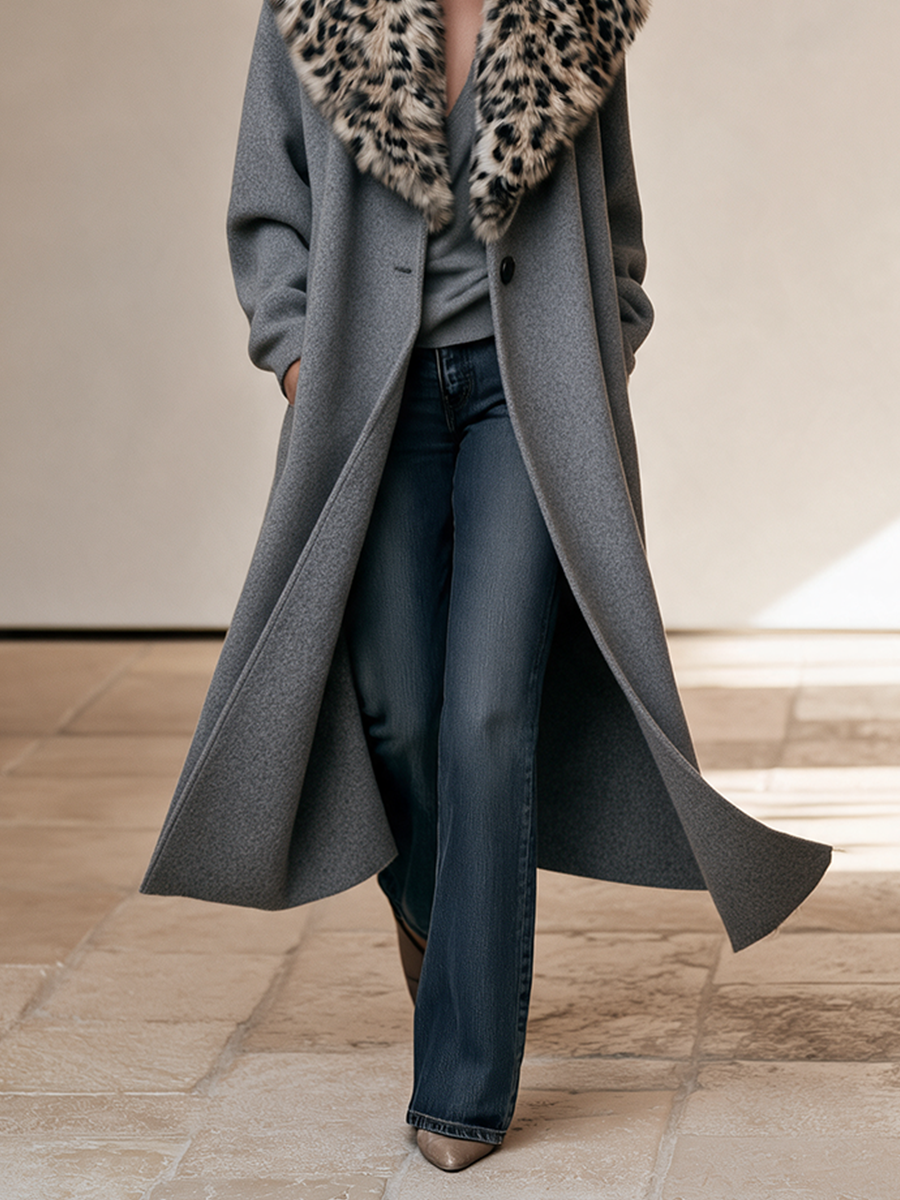 Women's Gray Leopard Collar Long Coat