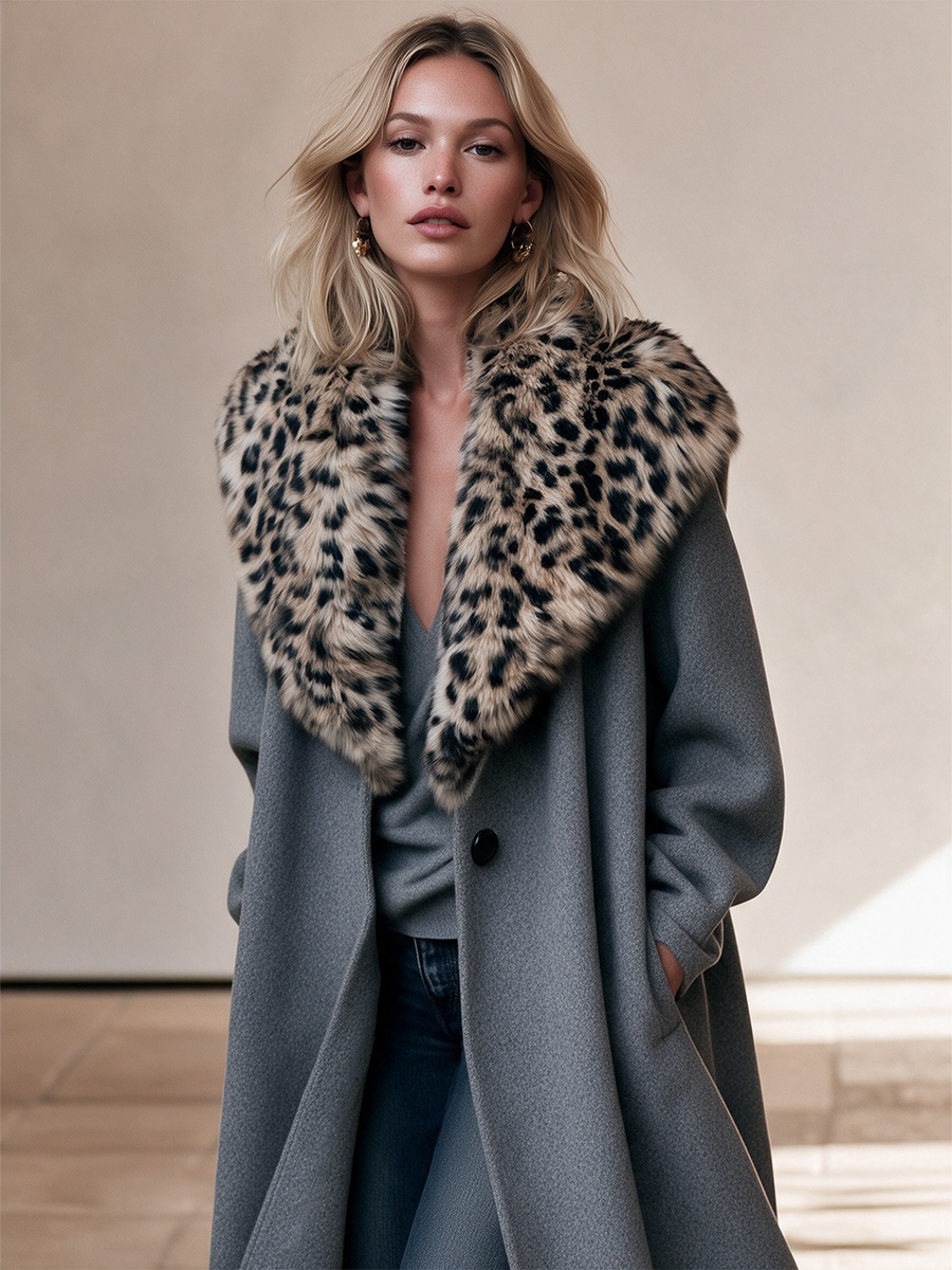 Women's Gray Leopard Collar Long Coat