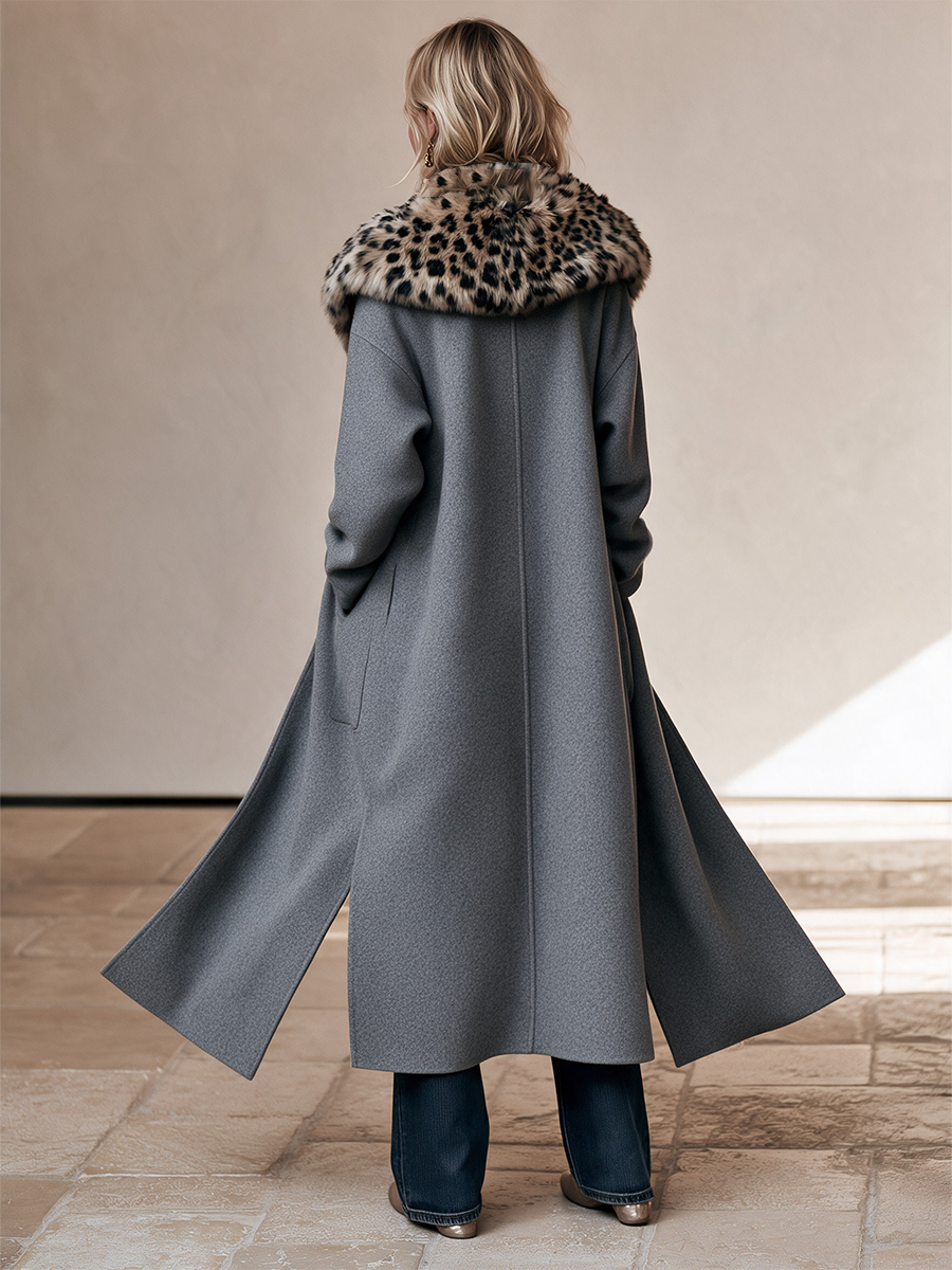 Women's Gray Leopard Collar Long Coat