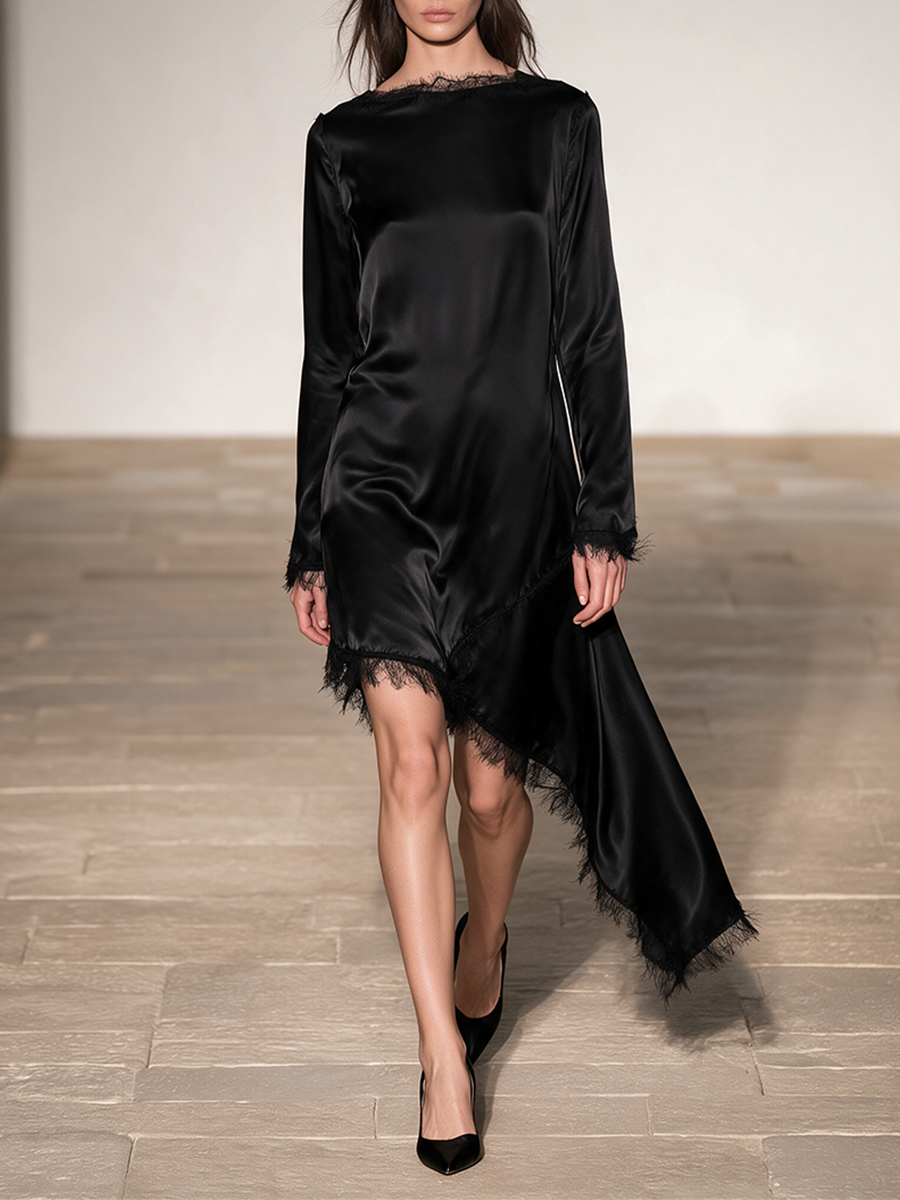 Women's Black Fringe Asymmetrical Dress