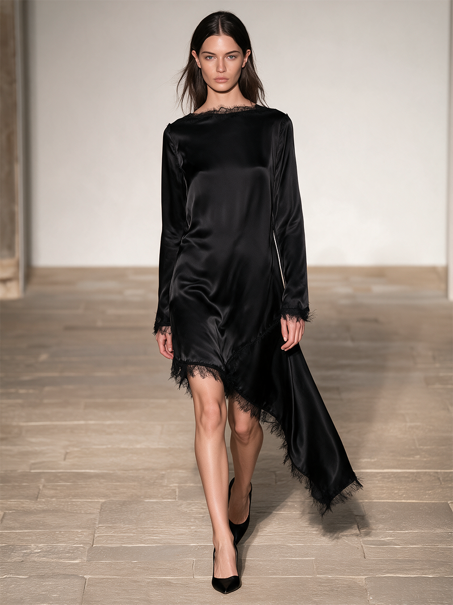 Women's Black Fringe Asymmetrical Dress