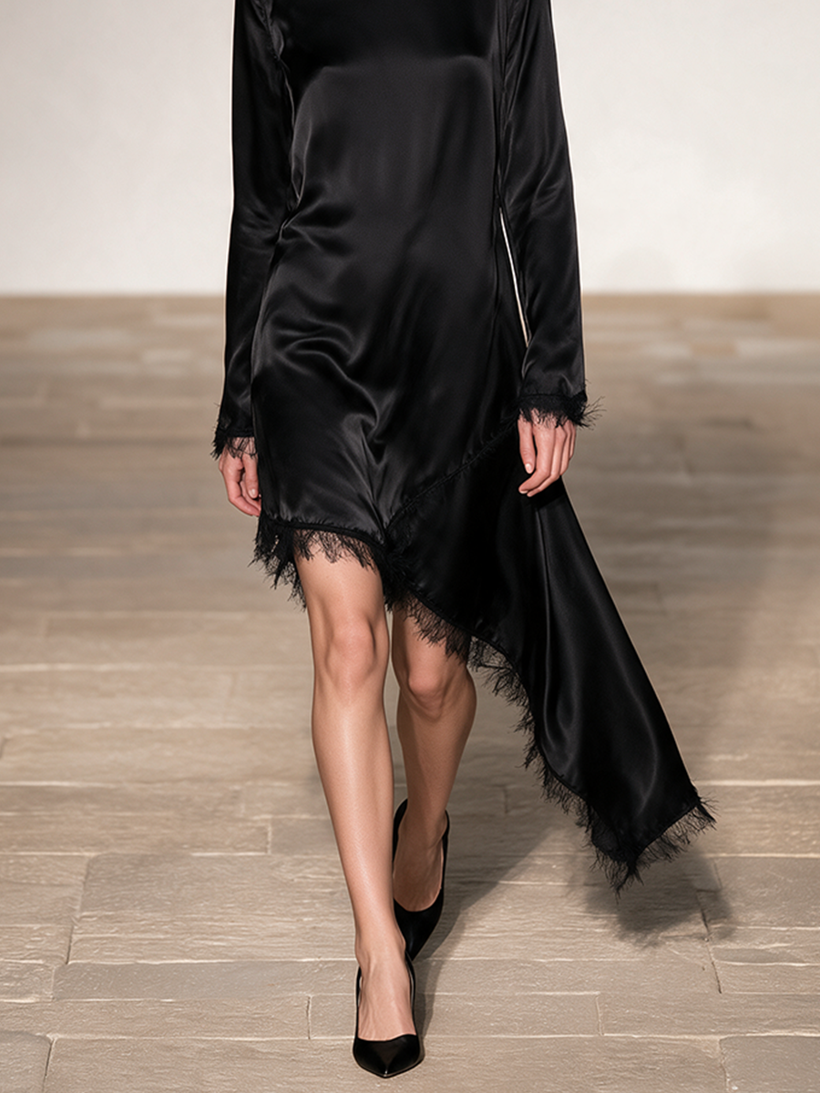Women's Black Fringe Asymmetrical Dress