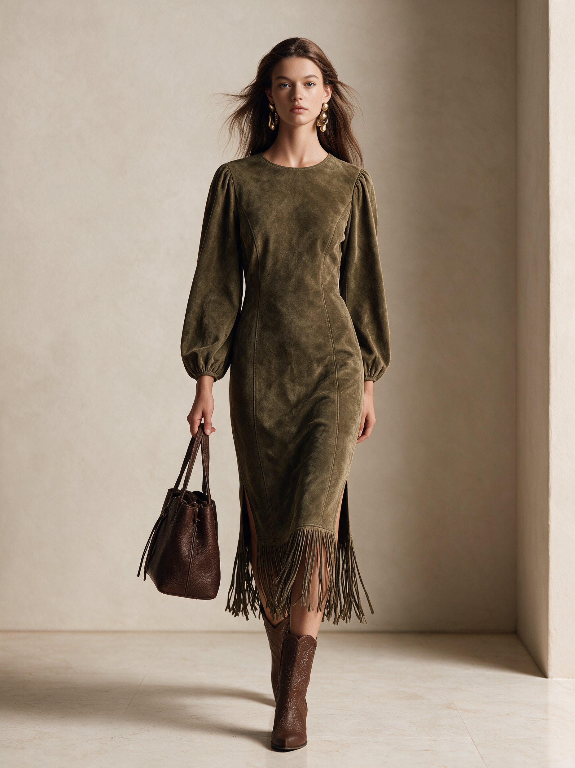 Women’s Vintage-Style Elegant Faux Suede Midi Dress With Fringe
