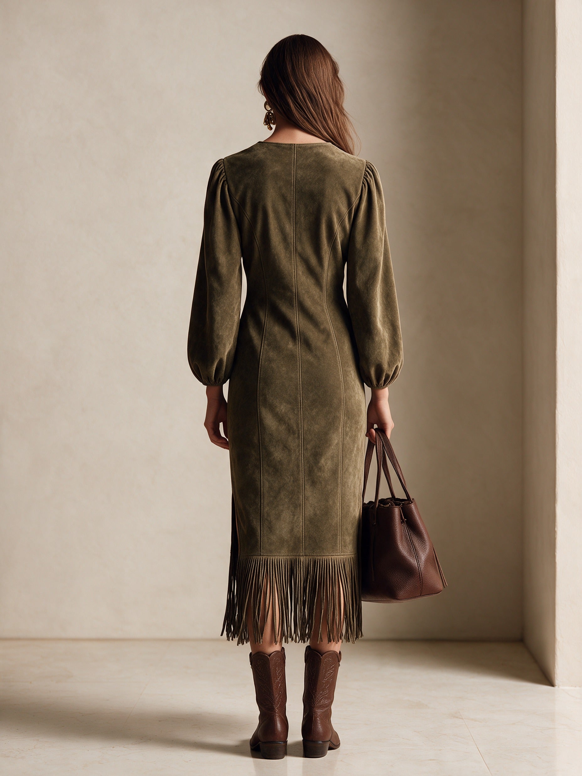Women’s Vintage-Style Elegant Faux Suede Midi Dress With Fringe