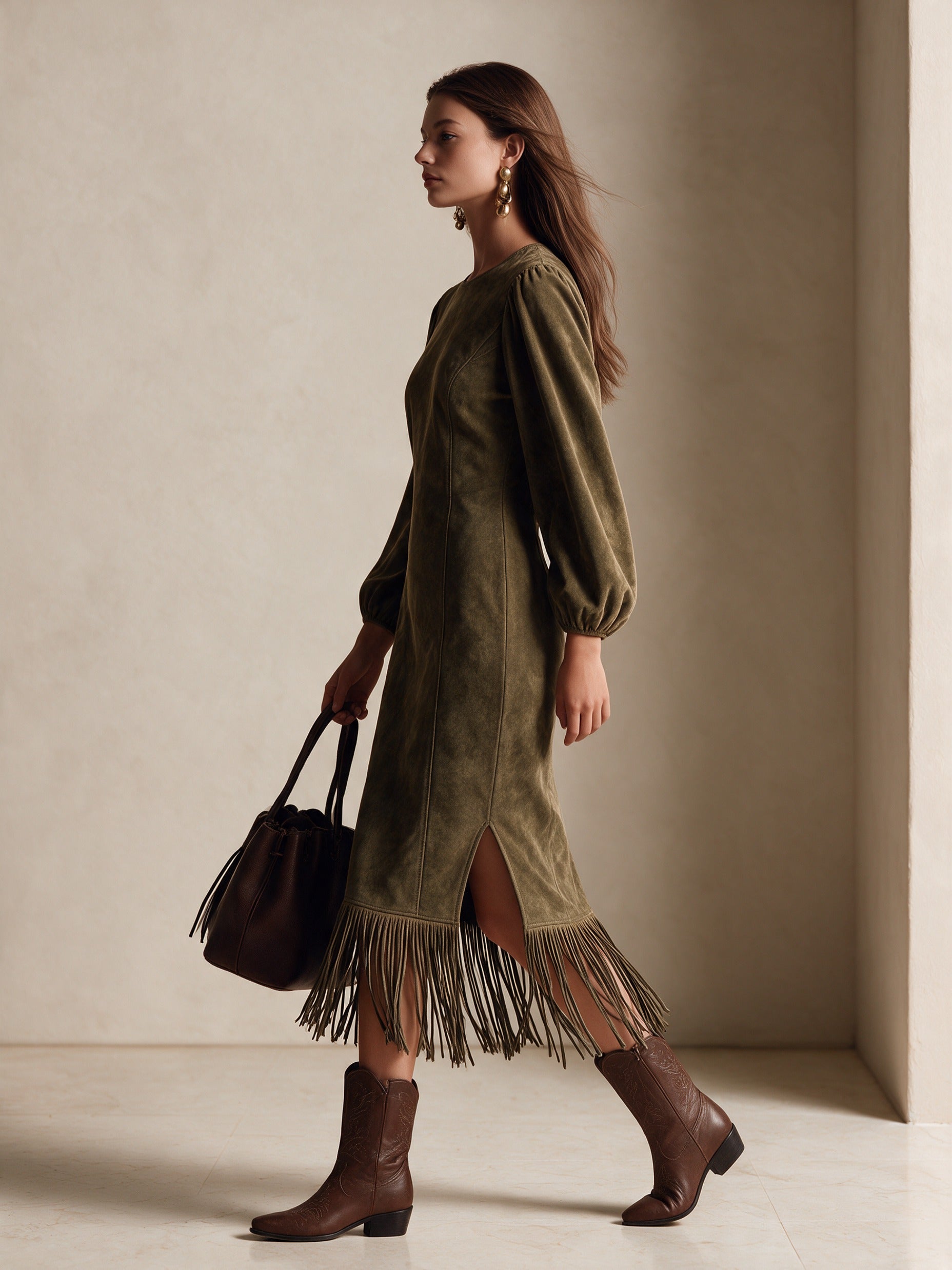Women’s Vintage-Style Elegant Faux Suede Midi Dress With Fringe