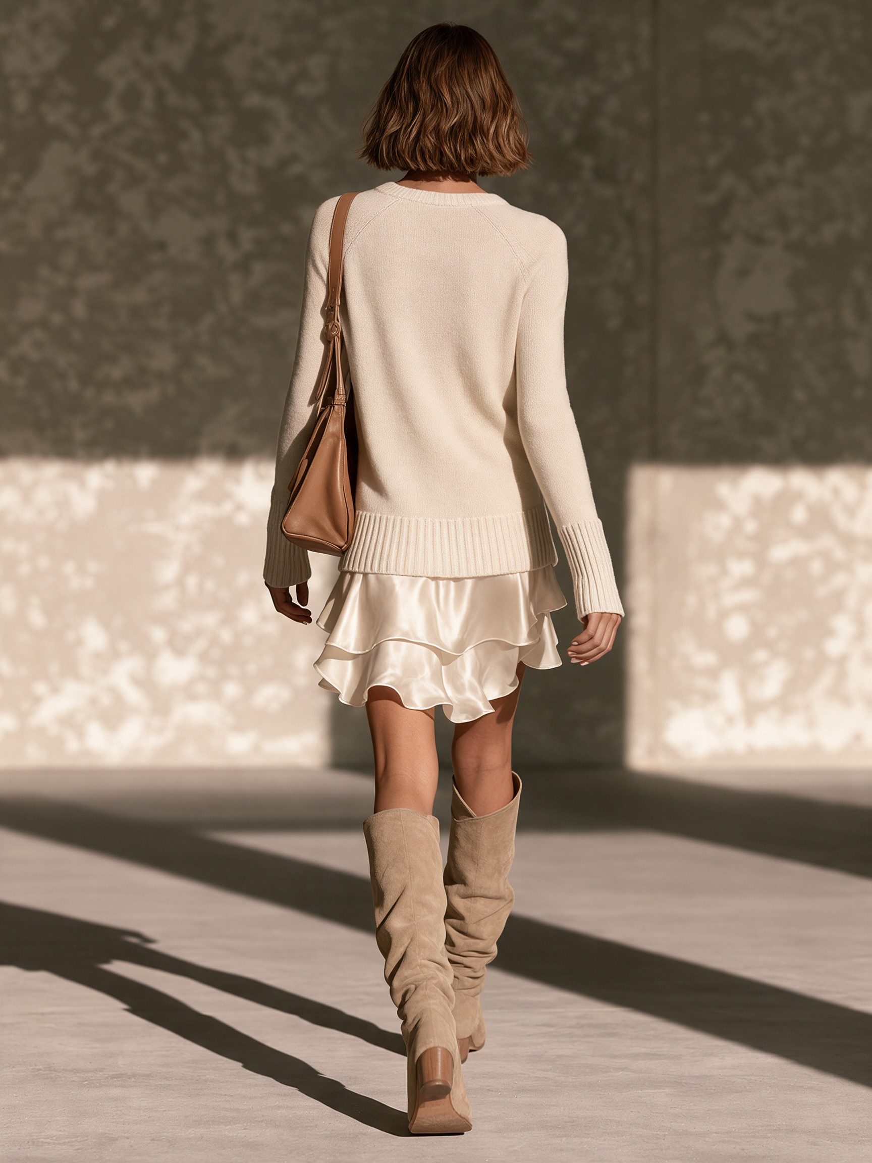 Women's Cream Knit Ruffle Hem Dress