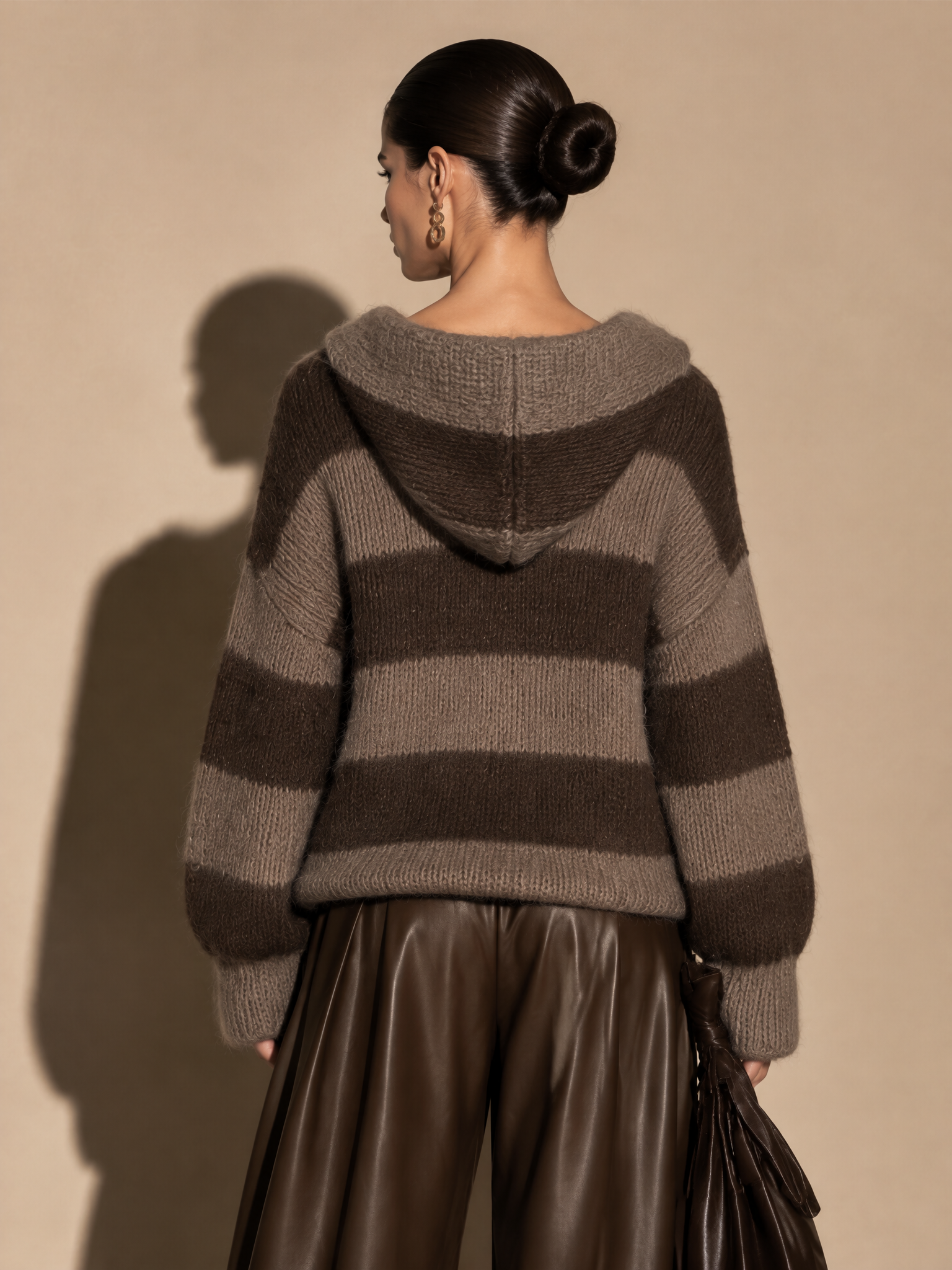 Women's Oversized Mocha Brown Striped V-Neck Knit Sweater
