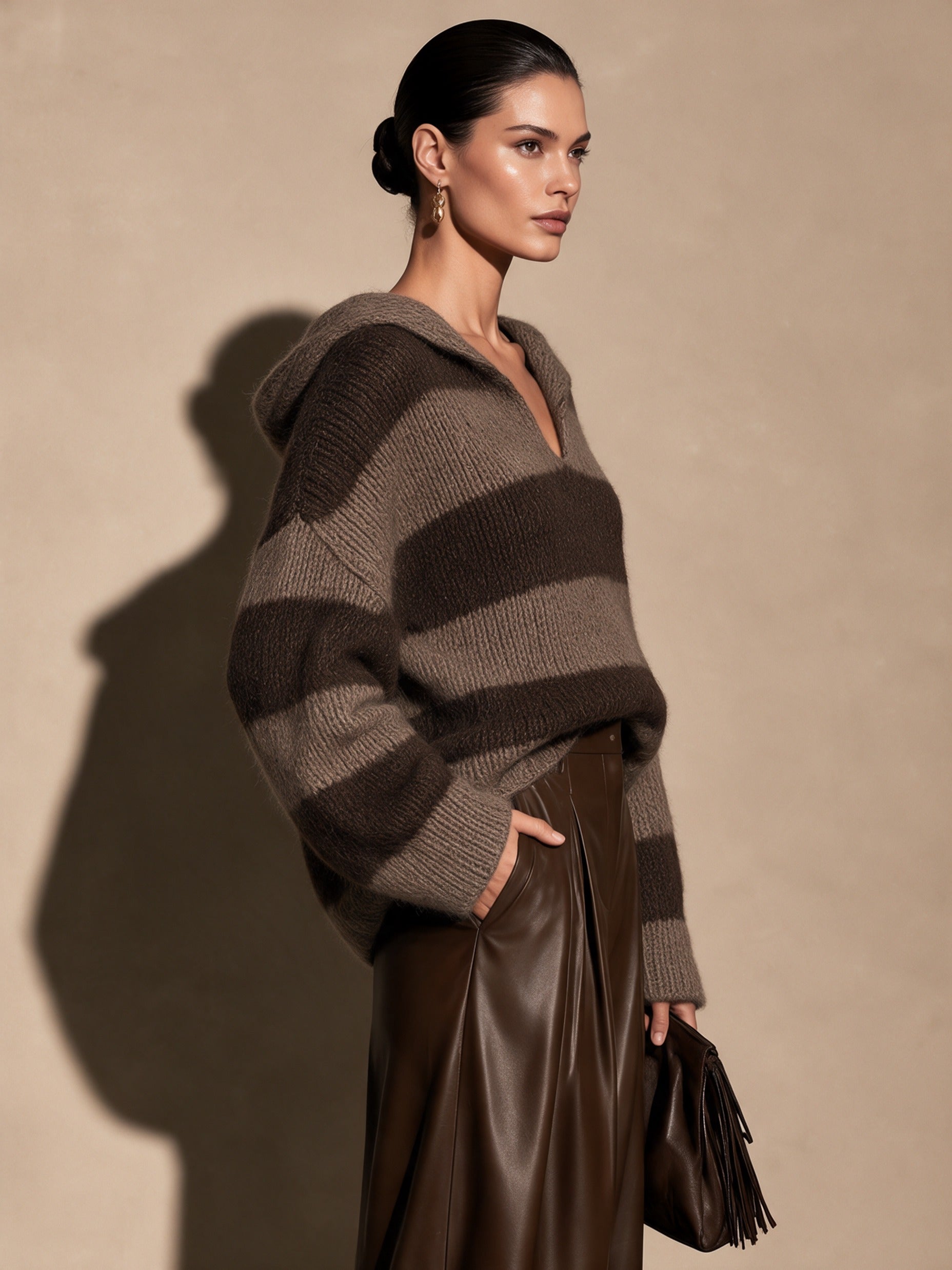 Women's Oversized Mocha Brown Striped V-Neck Knit Sweater