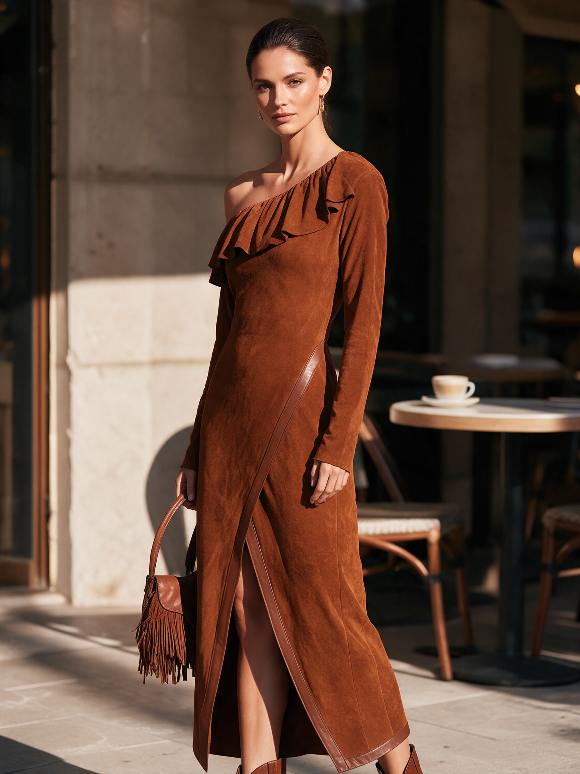Women's Asymmetric One-Shoulder Ruffle Long Sleeve Dress