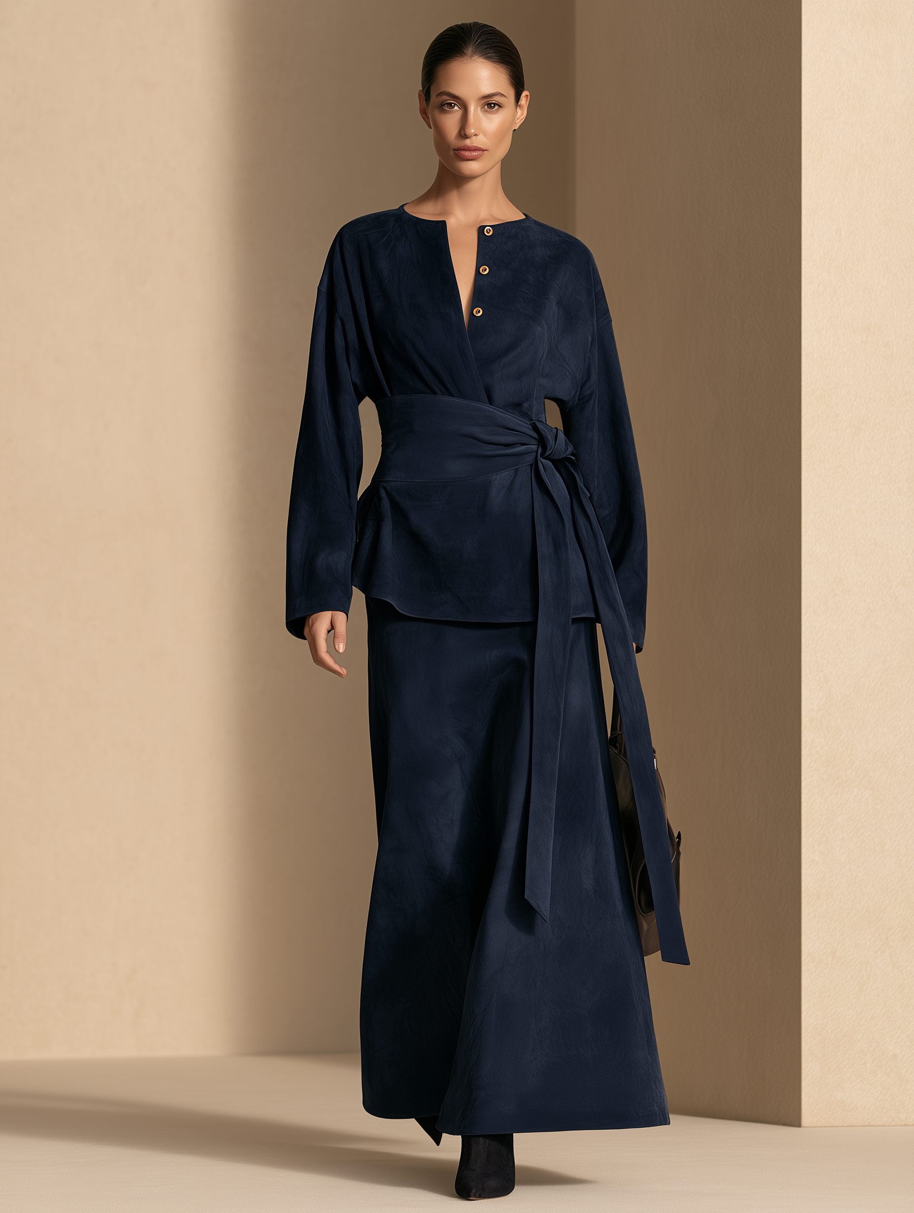 Women's Long-Sleeve Maxi Dress with Tie Waist