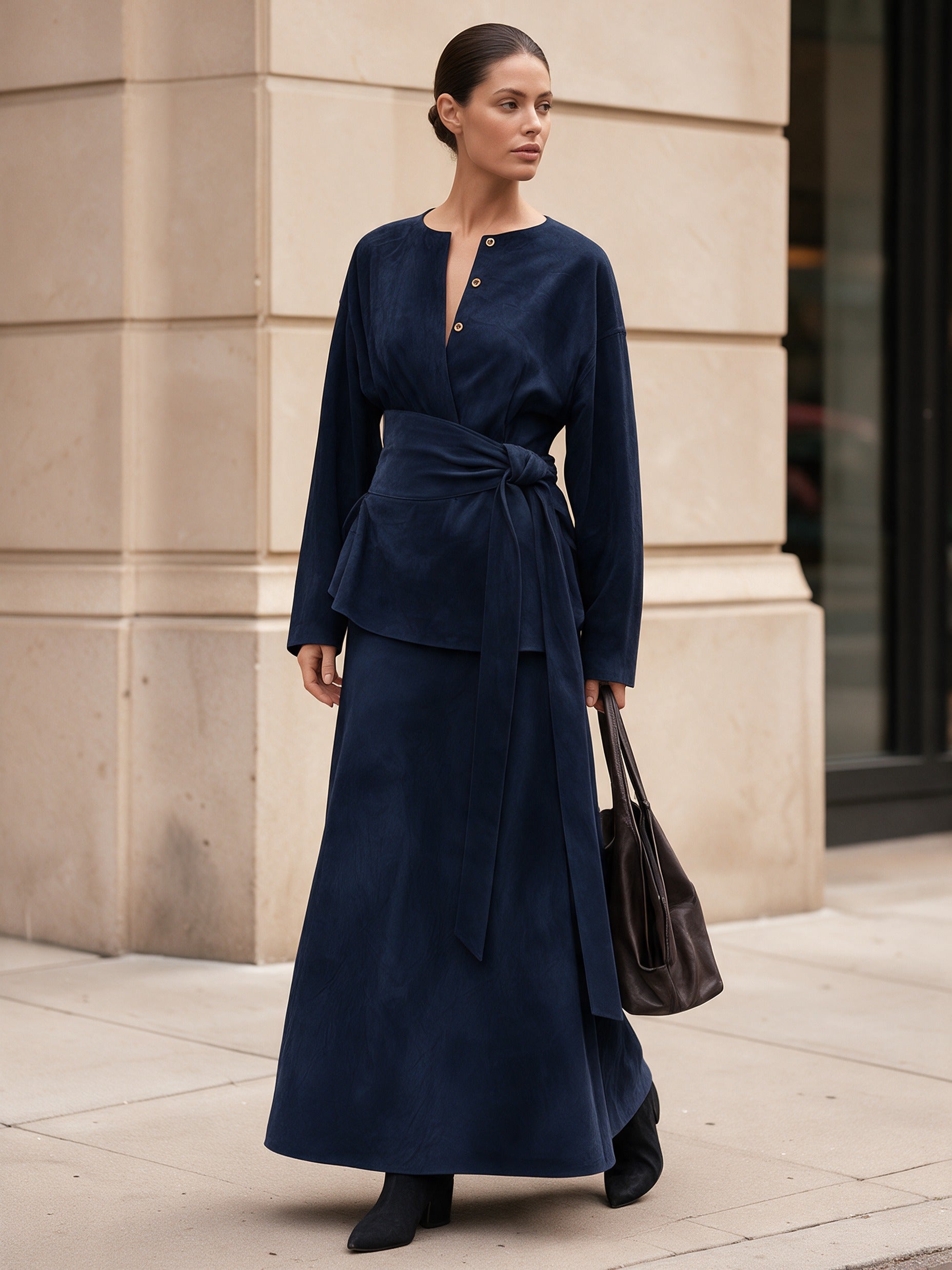 Women's Long-Sleeve Maxi Dress with Tie Waist