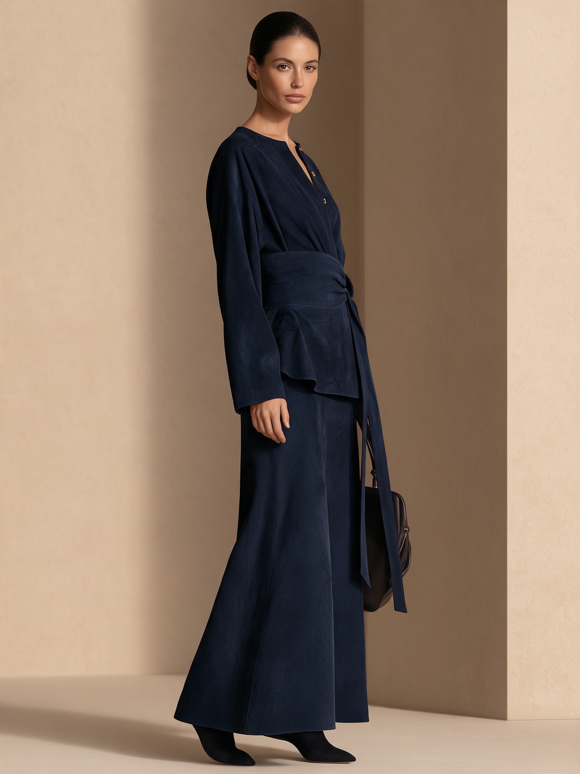 Women's Long-Sleeve Maxi Dress with Tie Waist