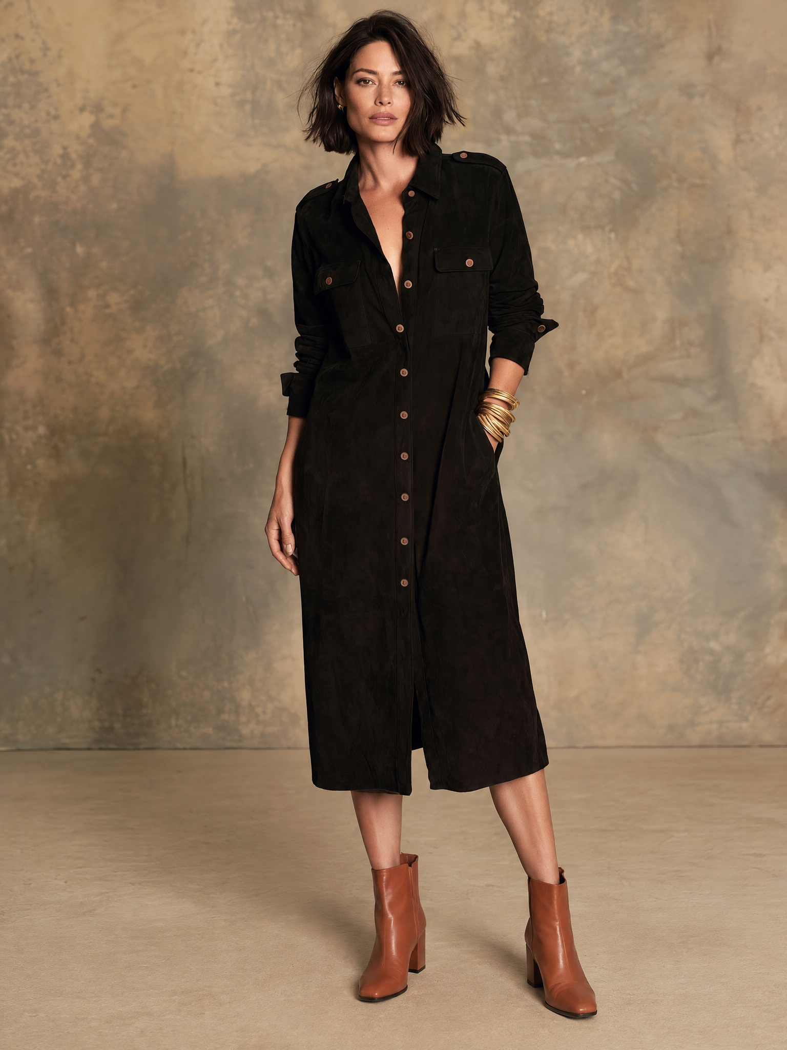 Women’s Vintage Single-Breasted Suede Shift Dress For Western-Style Casual Outings