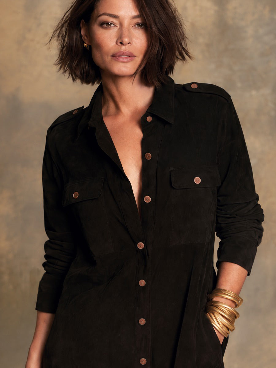 Women’s Vintage Single-Breasted Suede Shift Dress For Western-Style Casual Outings