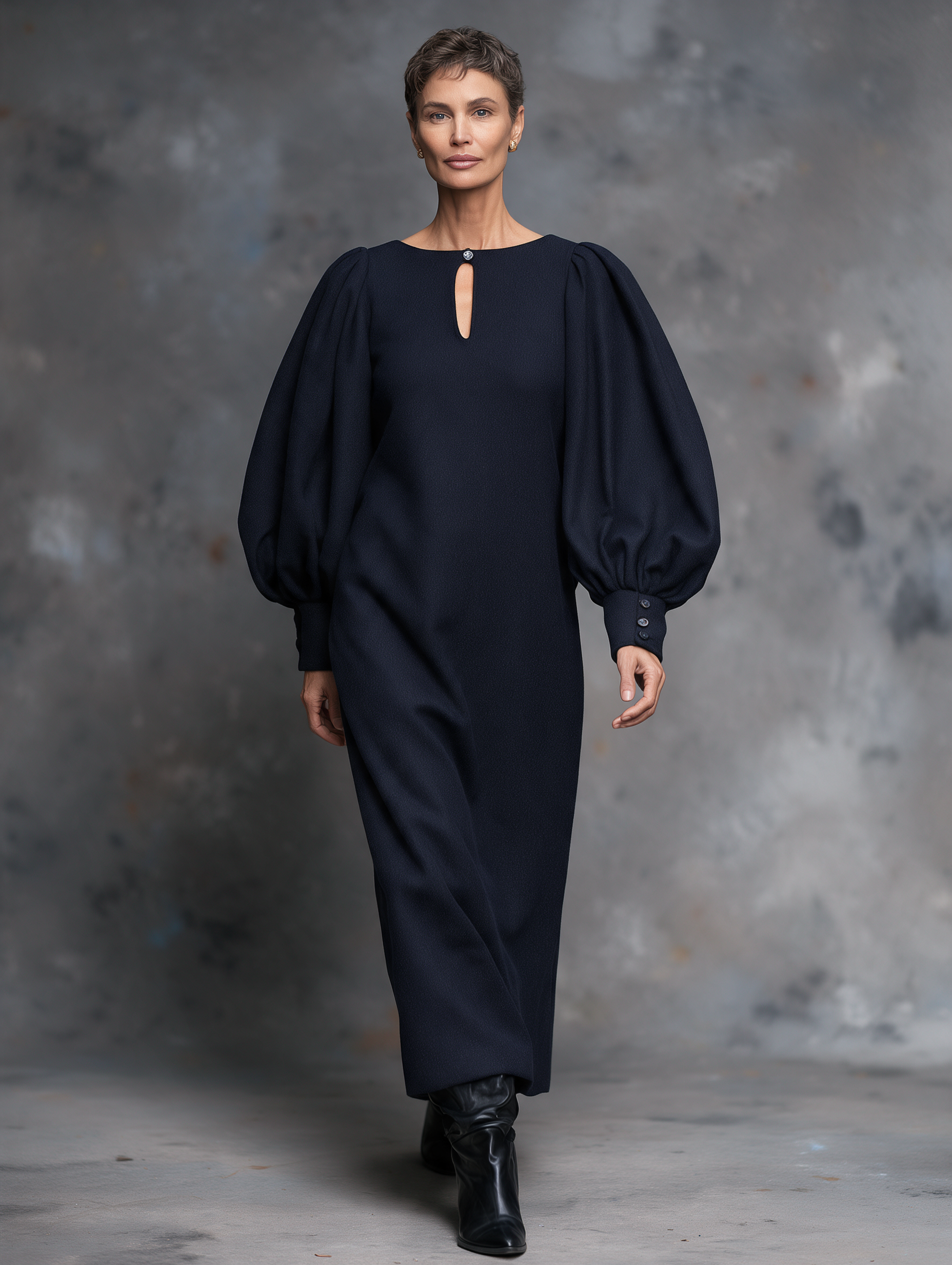 Women's Vintage Wool-blend Balloon-Sleeve Keyhole Maxi Dress