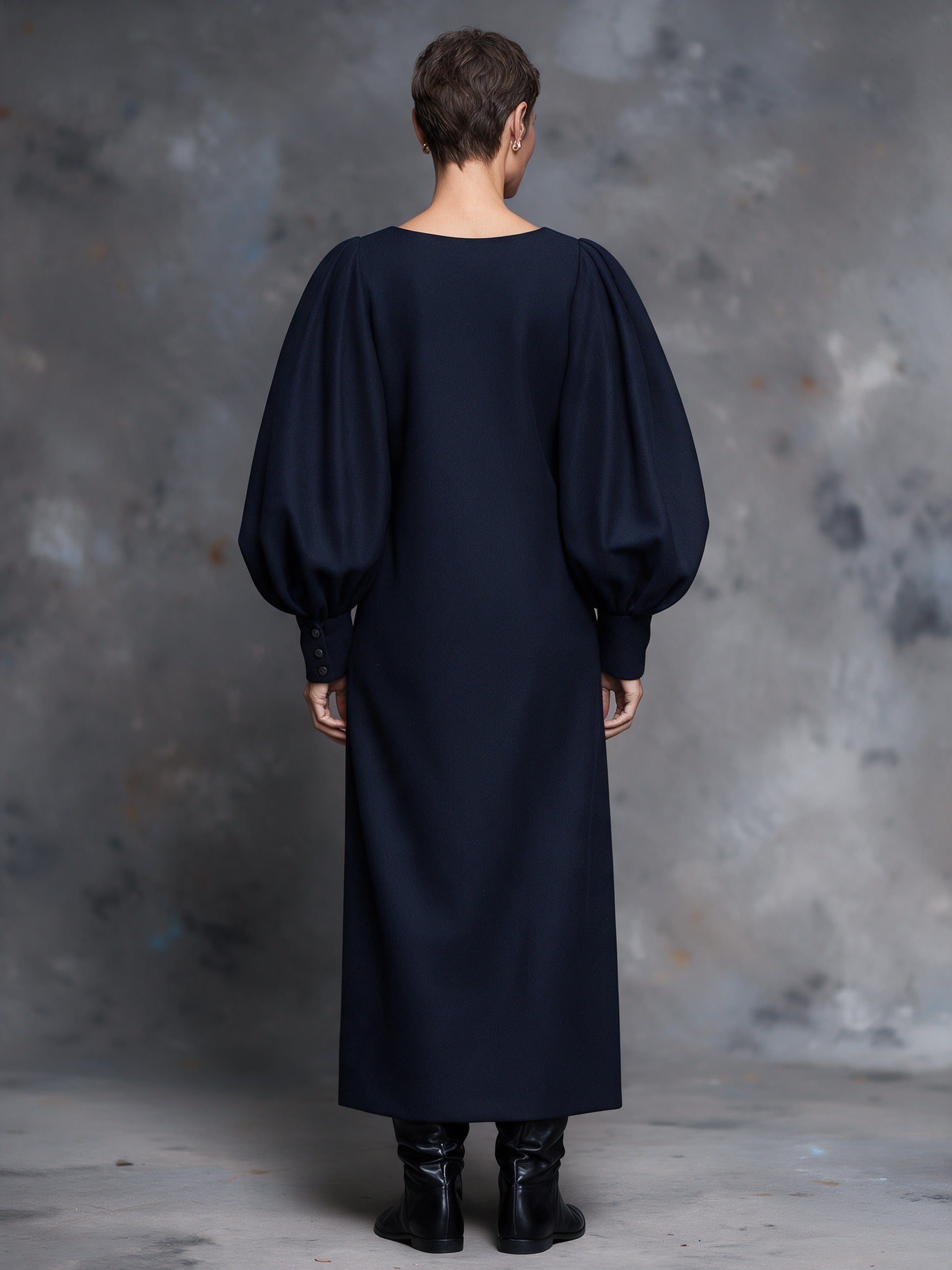 Women's Vintage Wool-blend Balloon-Sleeve Keyhole Maxi Dress