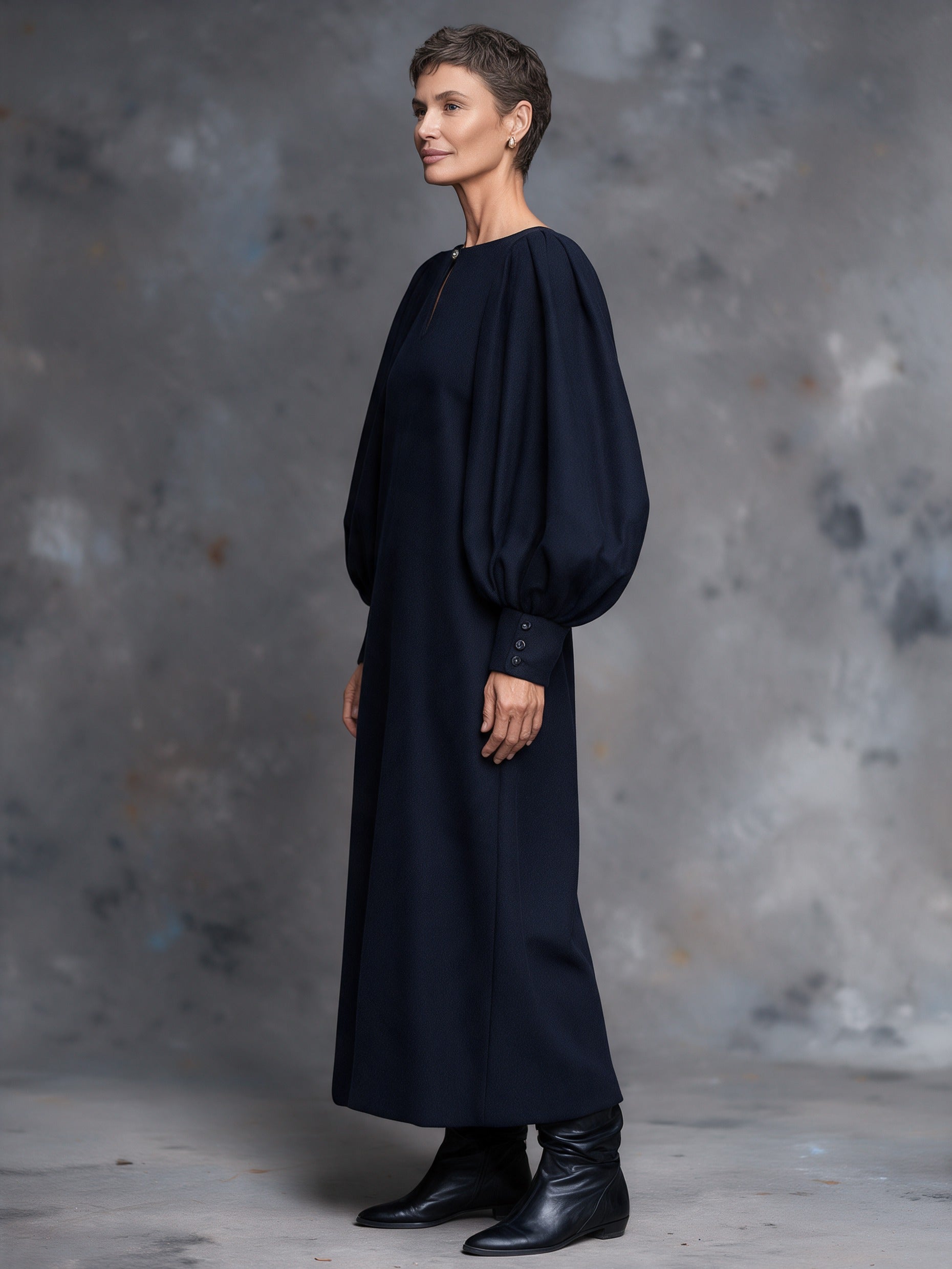 Women's Vintage Wool-blend Balloon-Sleeve Keyhole Maxi Dress
