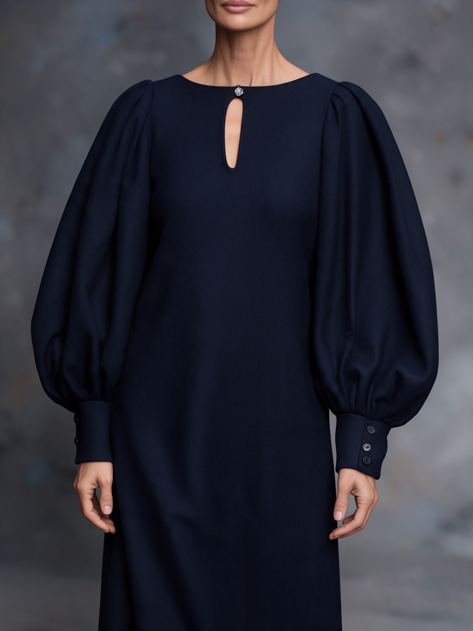 Women's Vintage Wool-blend Balloon-Sleeve Keyhole Maxi Dress