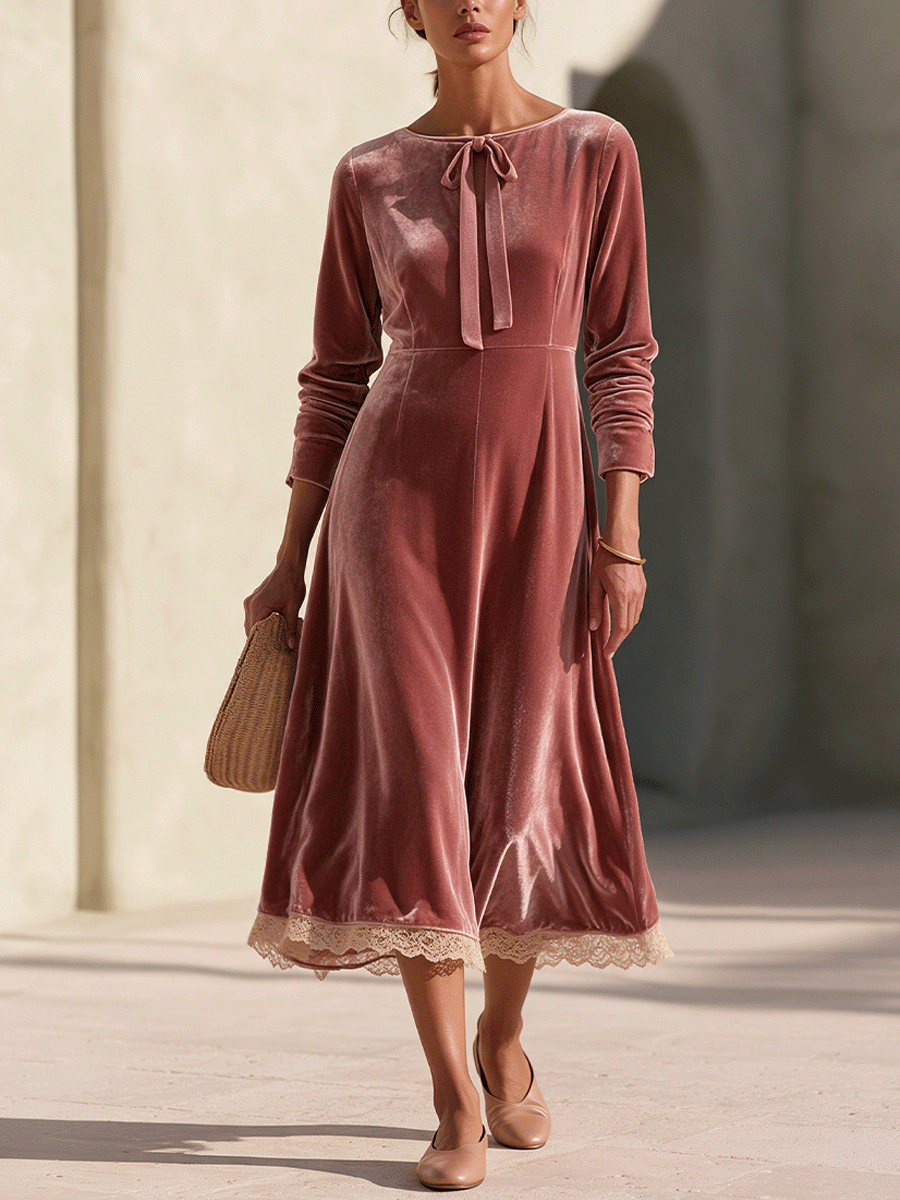 Women's Vintage Lace-Trim Tie-Neck Maxi Dress