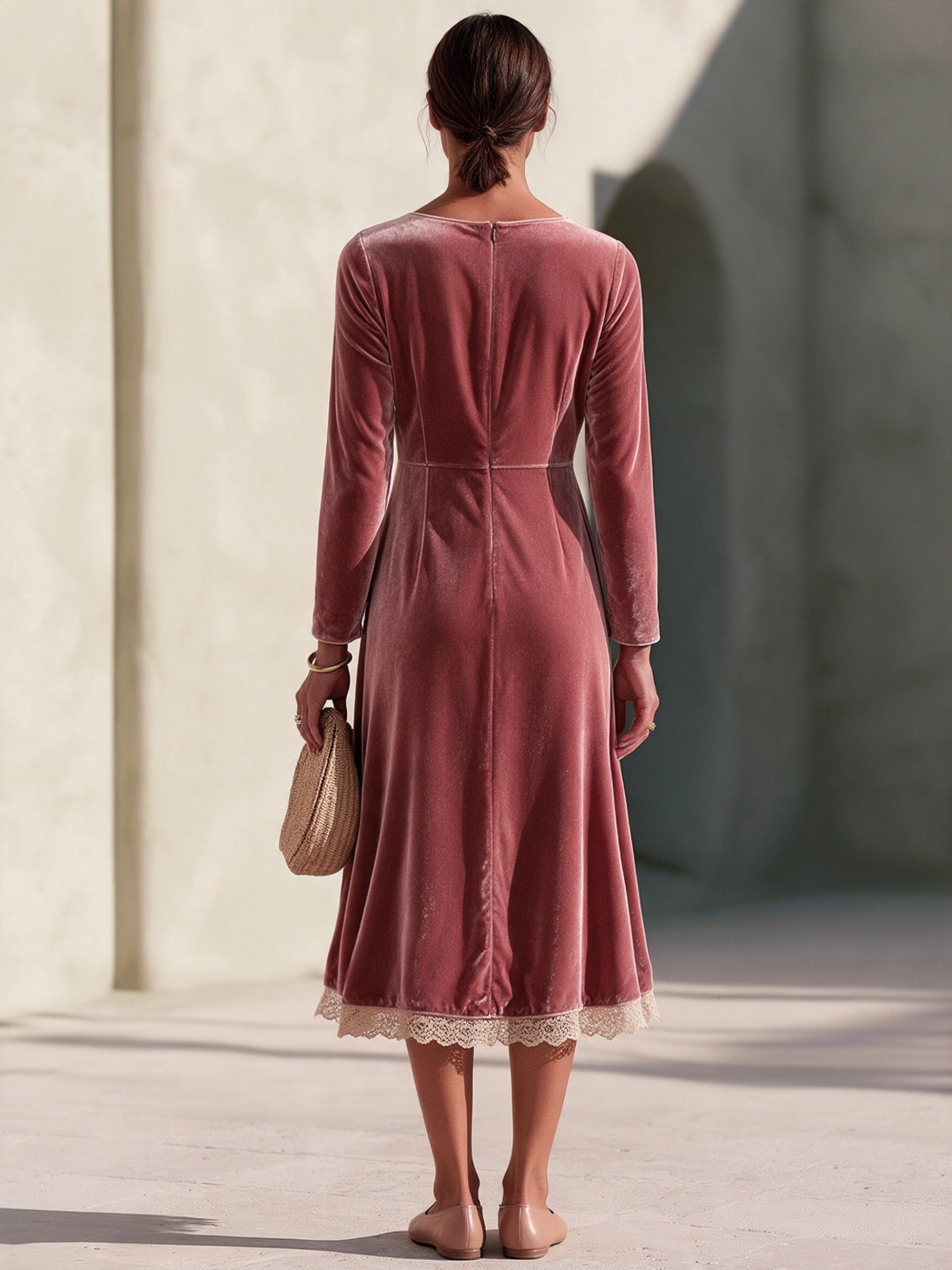 Women's Vintage Lace-Trim Tie-Neck Maxi Dress