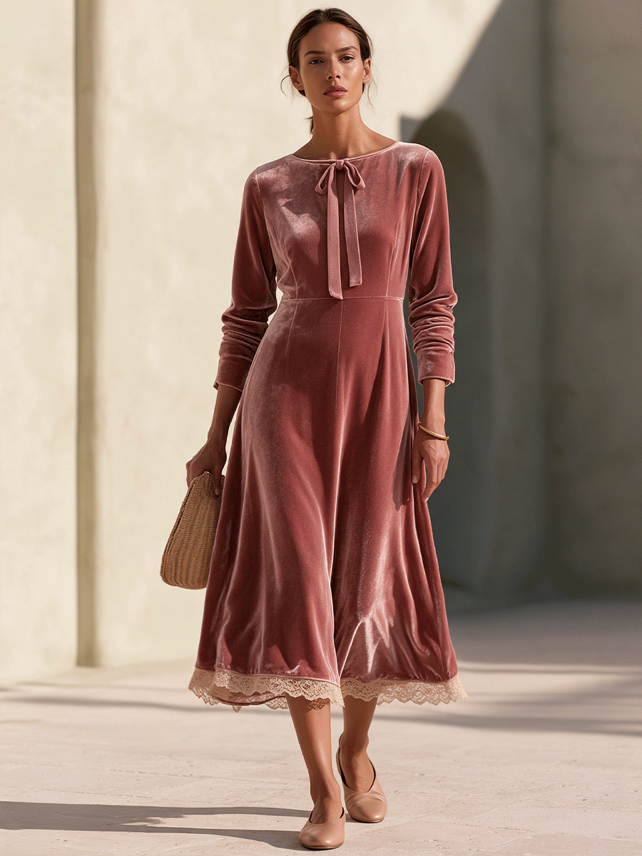 Women's Vintage Lace-Trim Tie-Neck Maxi Dress
