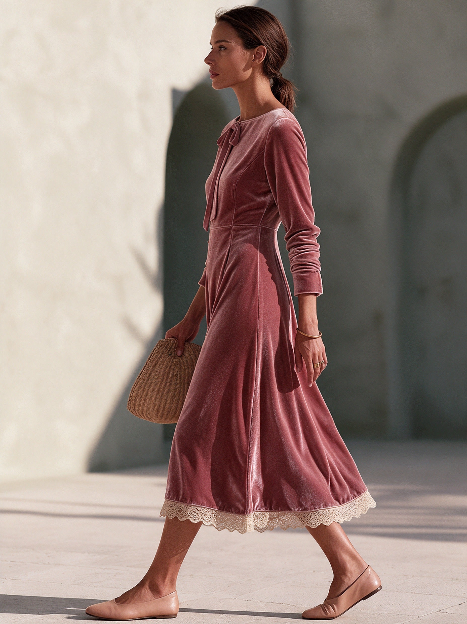 Women's Vintage Lace-Trim Tie-Neck Maxi Dress